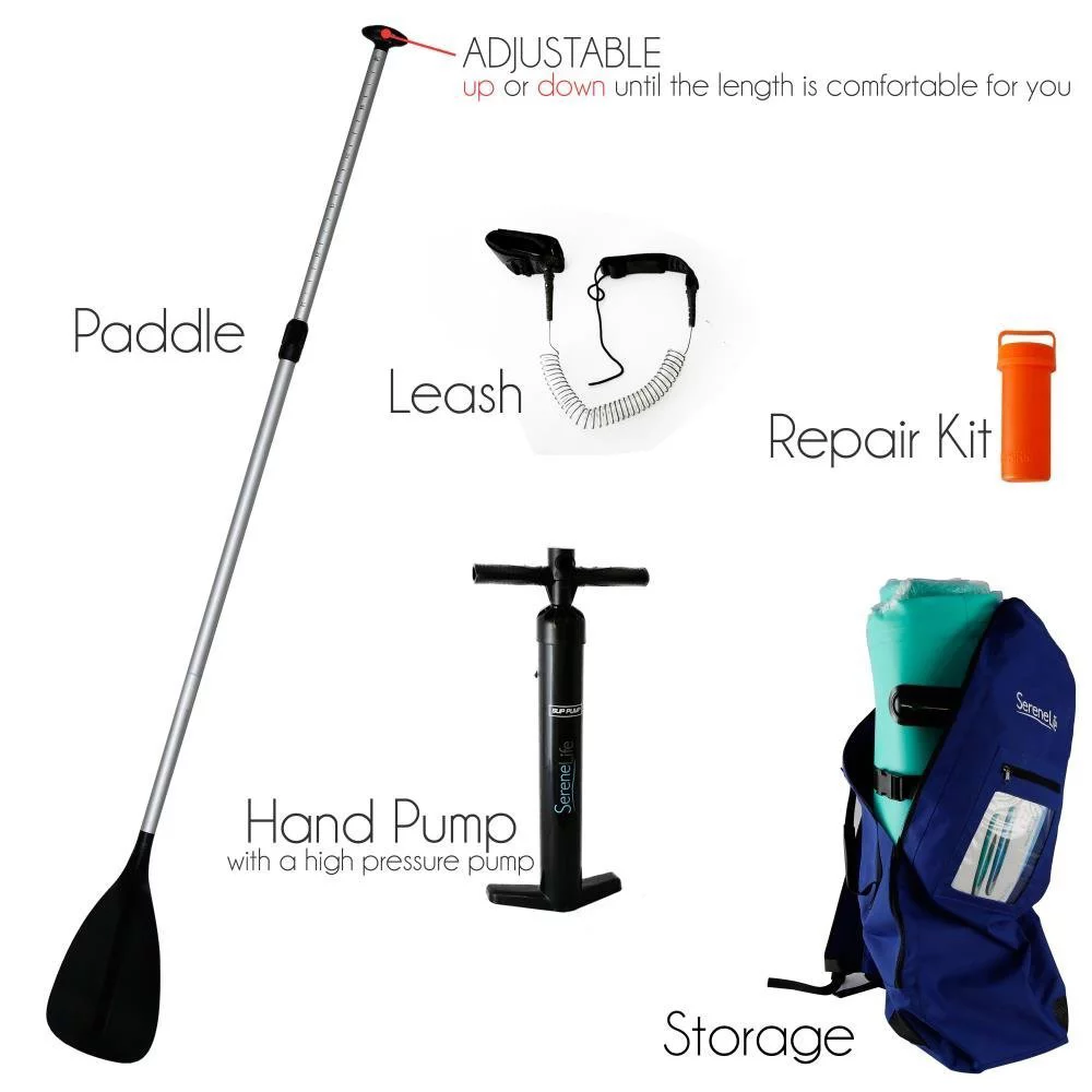 SereneLife Thunder Wave SUP - 10 Foot Inflatable Stand Up Water Paddle Board, Leash, Paddle, Pump & Bag - Green - Womvr