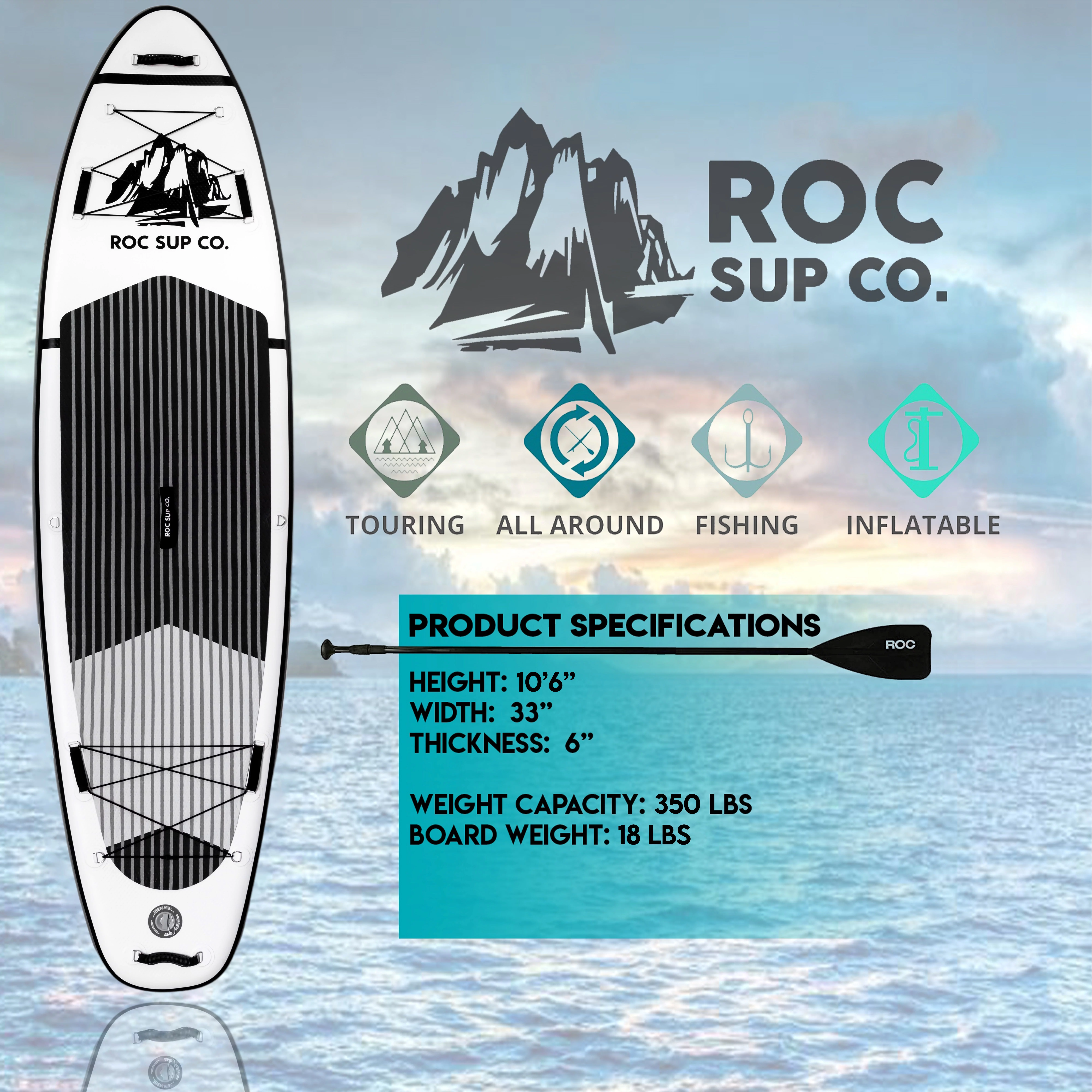 Roc Inflatable Stand Up Paddle Board with Premium sup Accessories & Backpack, Non-Slip Deck, Waterproof Bag, Leash, Paddle and Hand Pump - Womvr