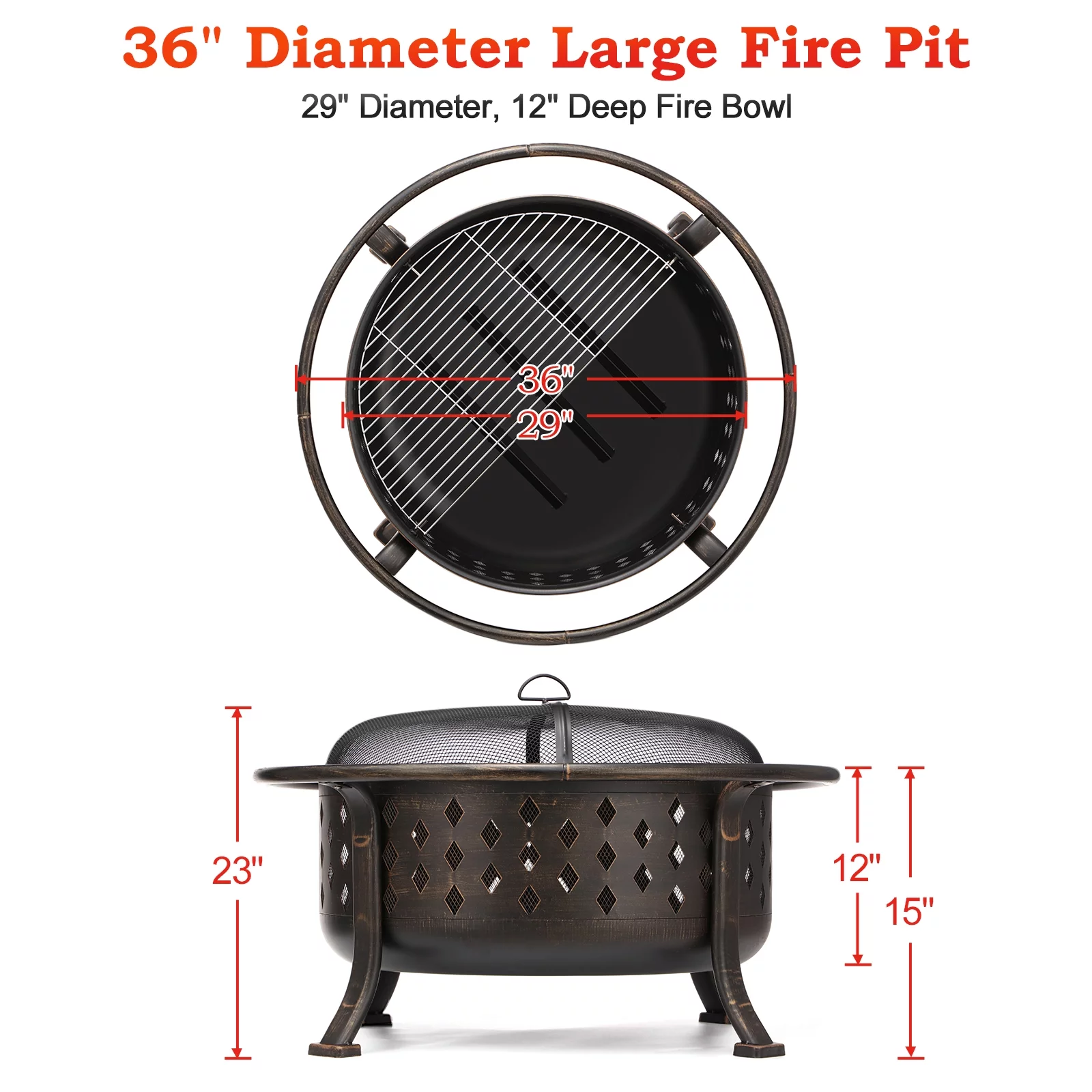 Singlyfire 36 inch Fire Pit for Outside Wood Burning Fire Pit Large Deep Fire Bowl for Camping Picnic Bonfire Patio Outside Backyard Garden Bonfire Pit with Cooking Grill Grate Spark Screen Log Grate - Womvr