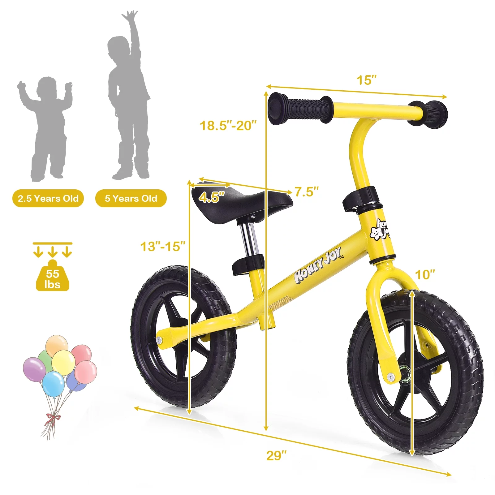 Infans Kids Balance Bike No Pedal Training Bicycle w/Adjustable Handlebar & Seat Yellow - Womvr