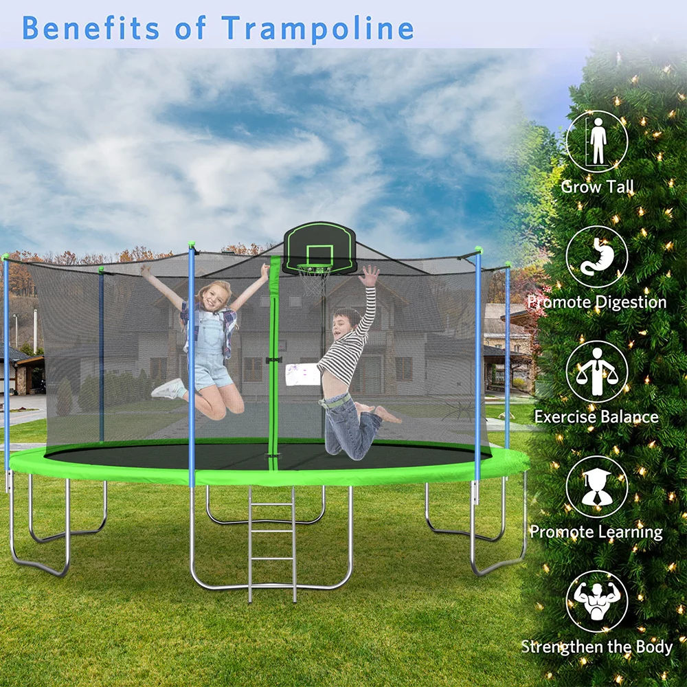 SEGMART 14FT Blue Trampoline for Kids with Basketball Hoop and Enclosure Net/Ladder, Blue - Womvr