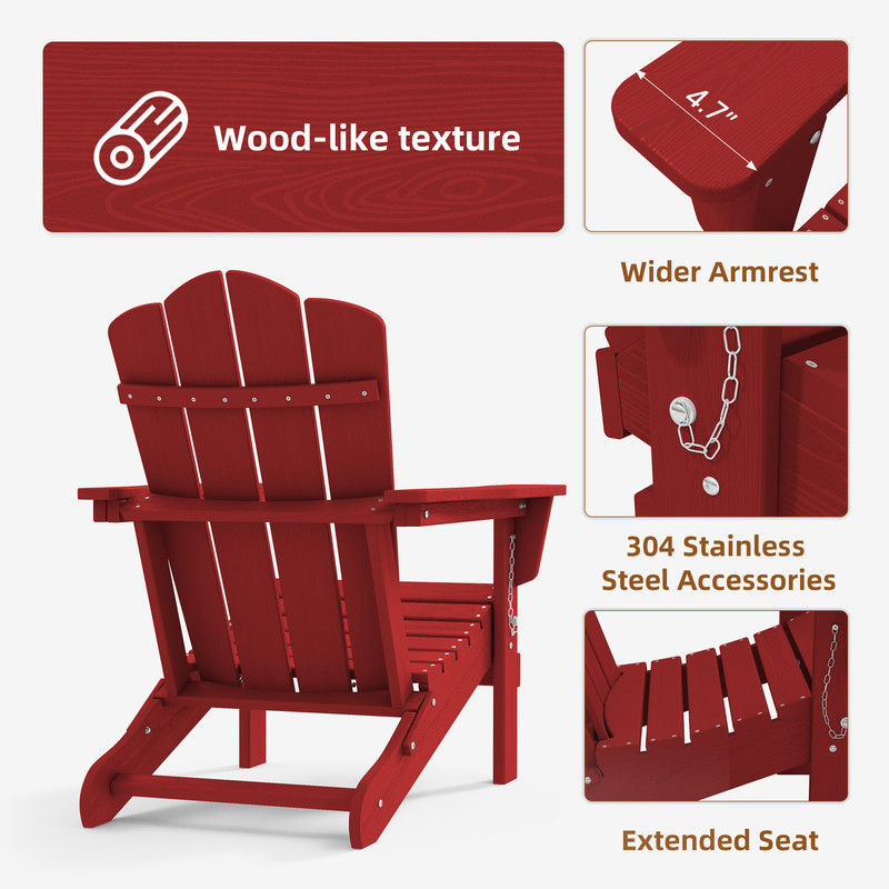 Outdoor Patio Folding HDPE Resin Adirondack Chair, Red - Womvr