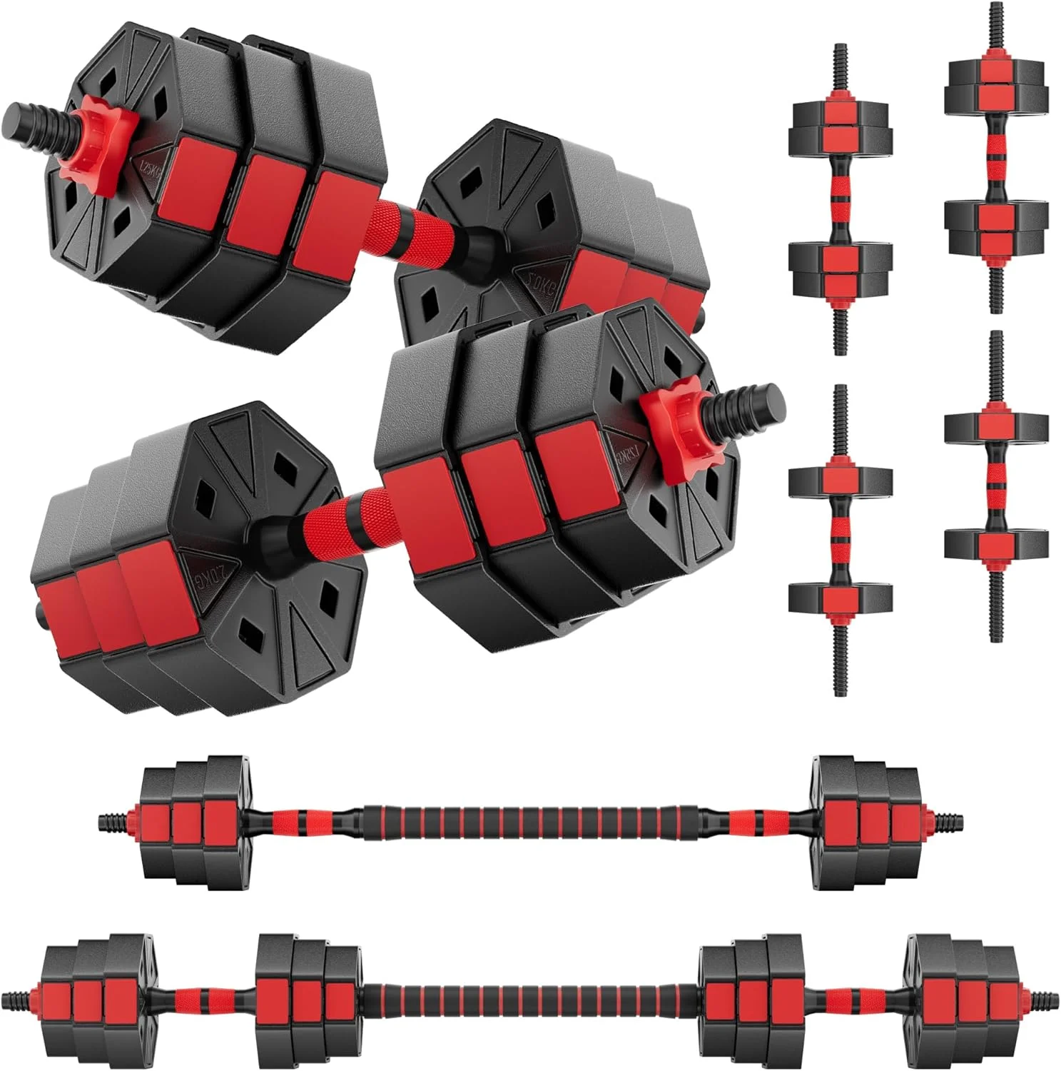 FIXTECH 66LB Adjustable Dumbbells Set, Weight Plate with Connector Used as Barbell, Fitness Strength Exercises for Home Gym, Red - Womvr