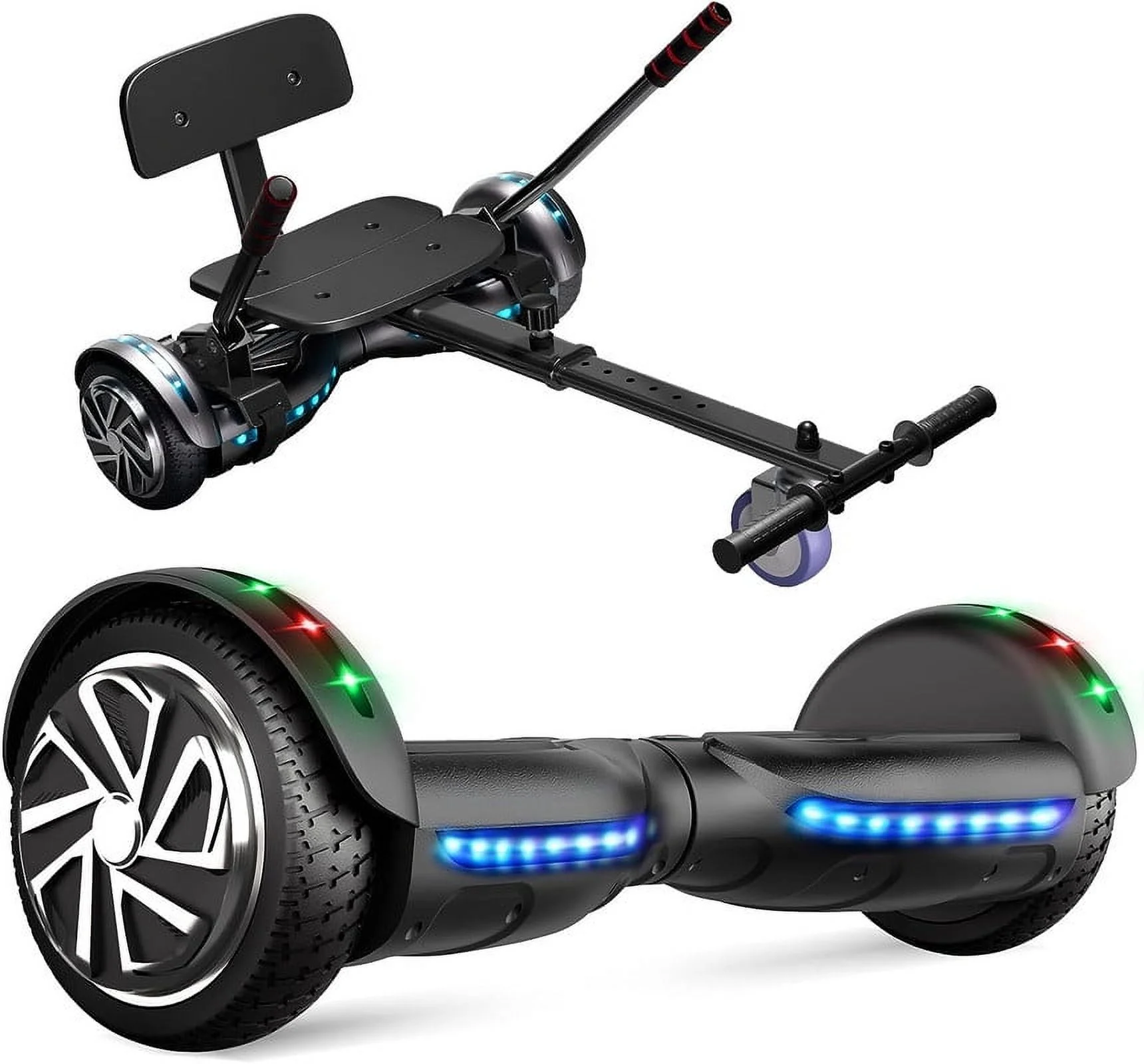 SISIGAD Hoverboard with Seat, 6.5 inch Hoverboard Go Kart Combo with Bluetooth Speaker & LED Lights for Kids Adults - Womvr
