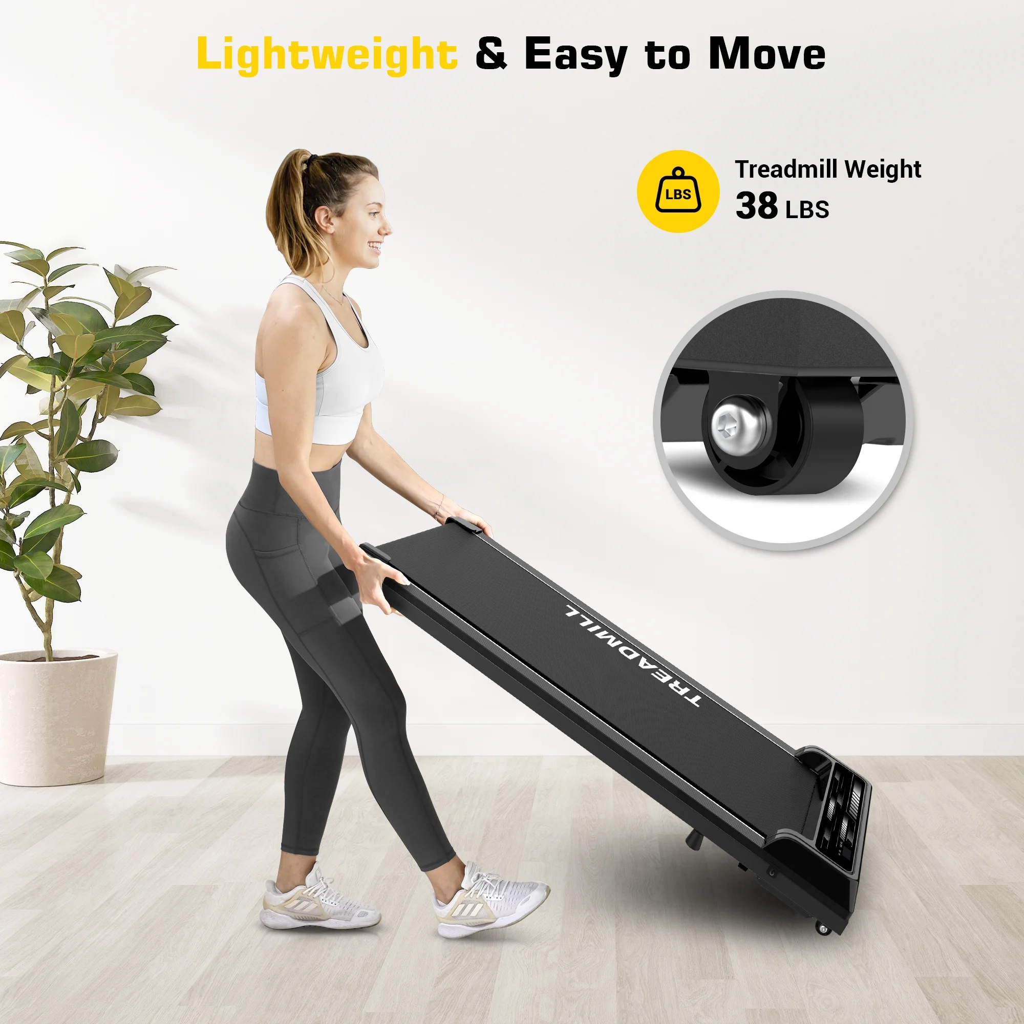 Under Desk Treadmill Walking Pad Portable 265lbs 2.25HP with Remote, Led Display for Home, Black - Womvr