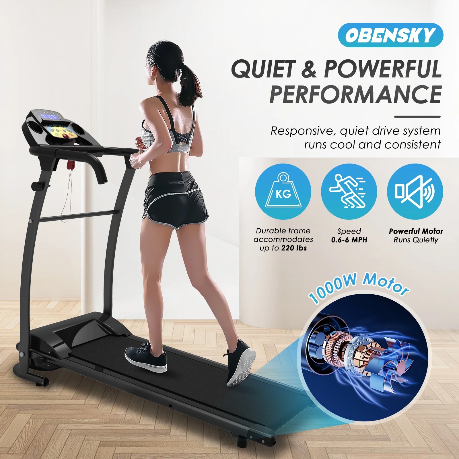 OBENSKY 1000W Portable Foldable Treadmill, Running Jogging Quiet Fitness Machine/Black - Womvr