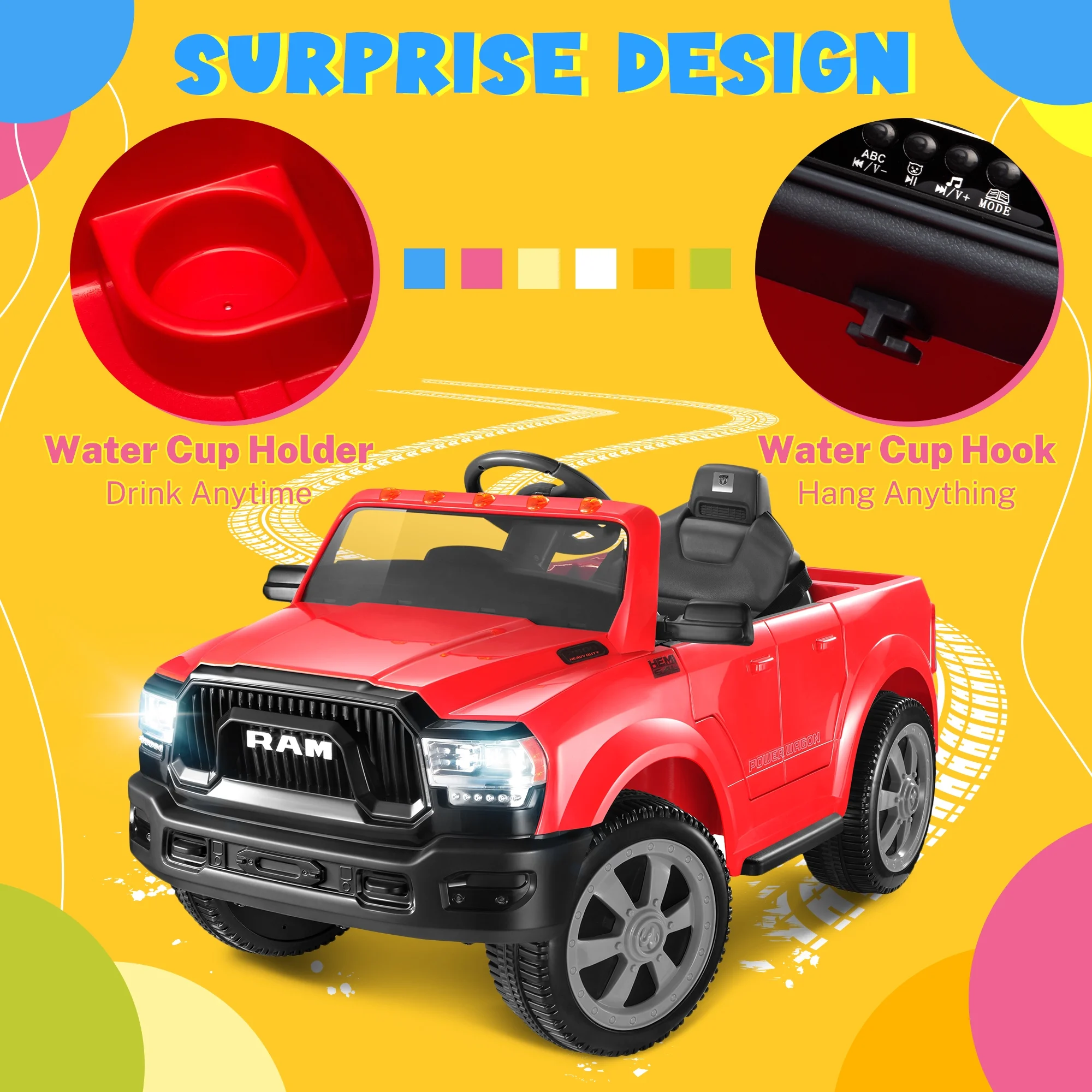 Dodge Ram Ride On Car for Kids, 12V Powered Ride On Truck Cars with Parents Remote Control,Dodge Electric Ride On Car for Boys Girls 3-5, Red - Womvr