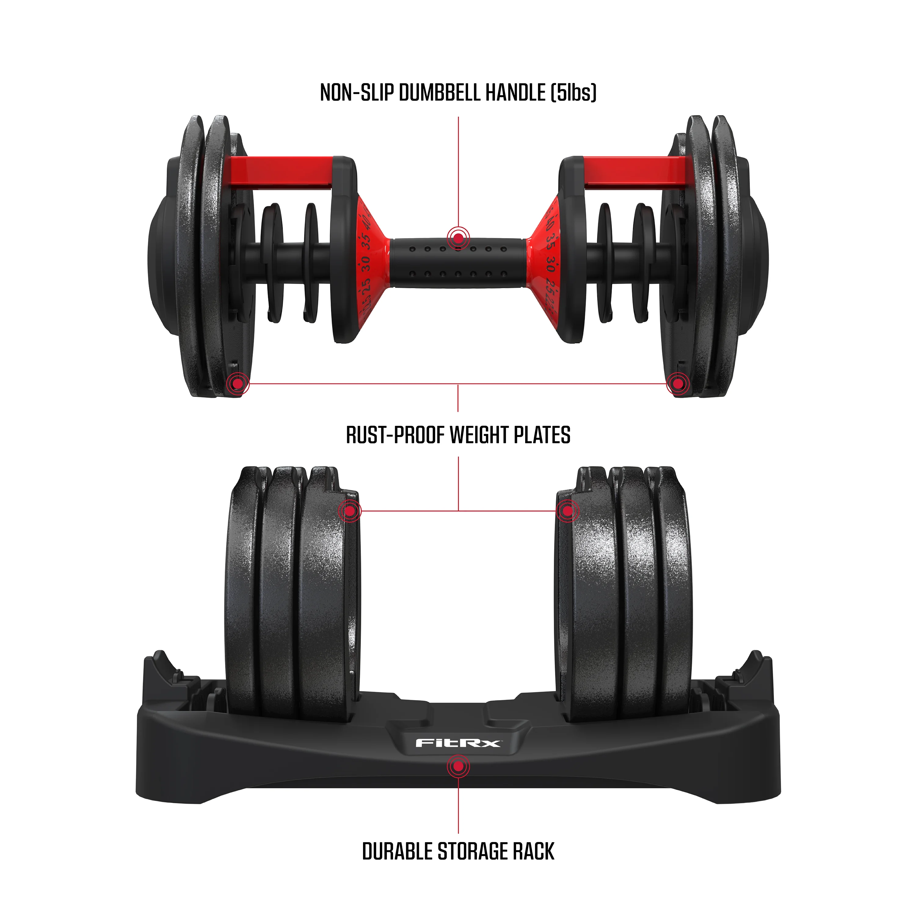 FitRx SmartBell XL, Quick-Select Adjustable Dumbbell, 10-90 lbs. Weight, Black, Single - Womvr