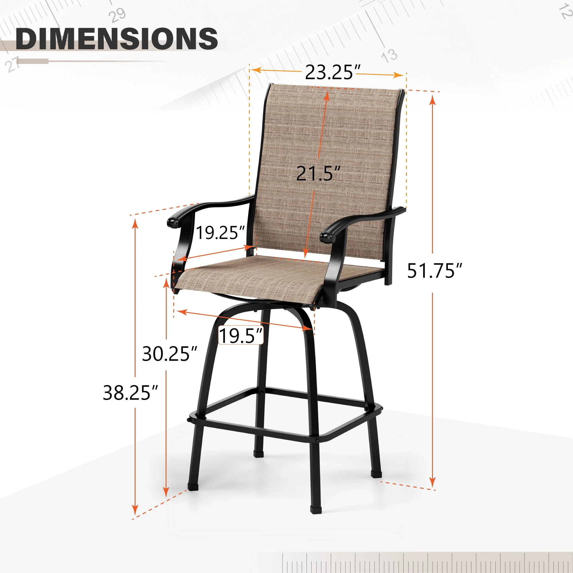 Sophia & William 2 Pcs Outdoor Swivel Metal Bar Stools Patio Height Textilene Chairs in Brown - Womvr