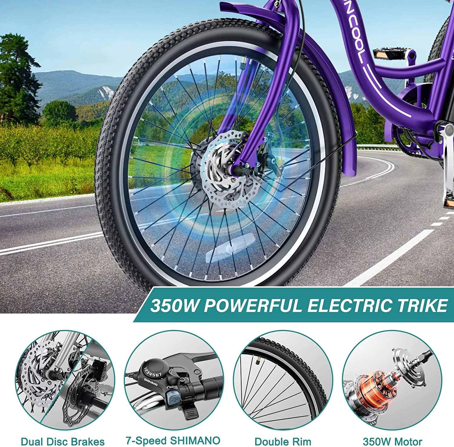 MOONCOOL Electric Tricycle, 350W 36V 24 Inches 7 Speeds 3 Wheels Electric Bikes for Adults, Motorized Electric Trike Three Wheel Electric Bicycle - Womvr