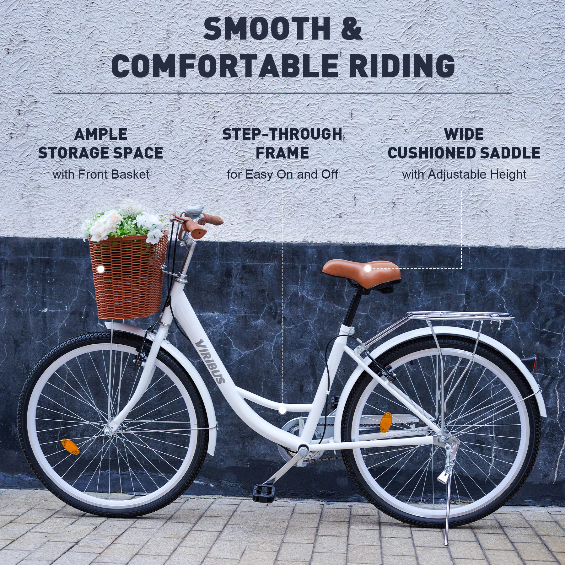 Viribus 26 Inch Women's Comfort Bike with Basket Step Through Bike for Women & Men White - Womvr