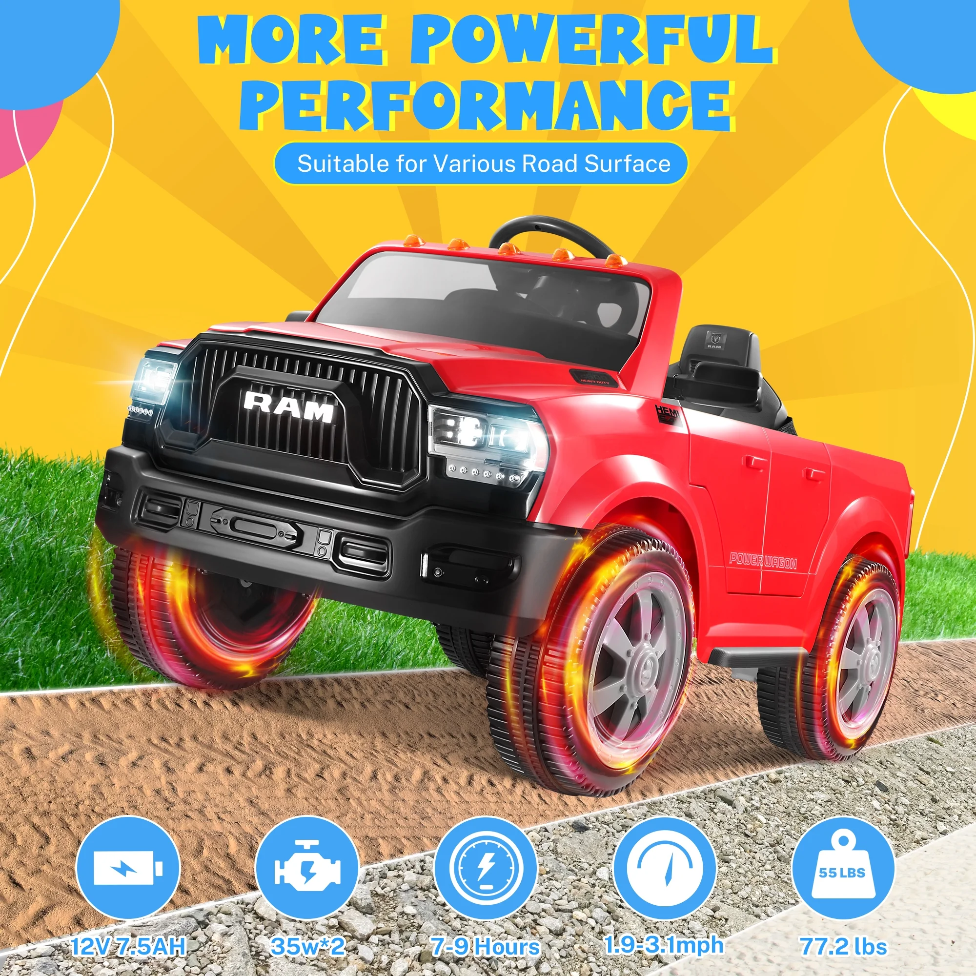 Dodge Ram Ride On Car for Kids, 12V Powered Ride On Truck Cars with Parents Remote Control,Dodge Electric Ride On Car for Boys Girls 3-5, Red - Womvr