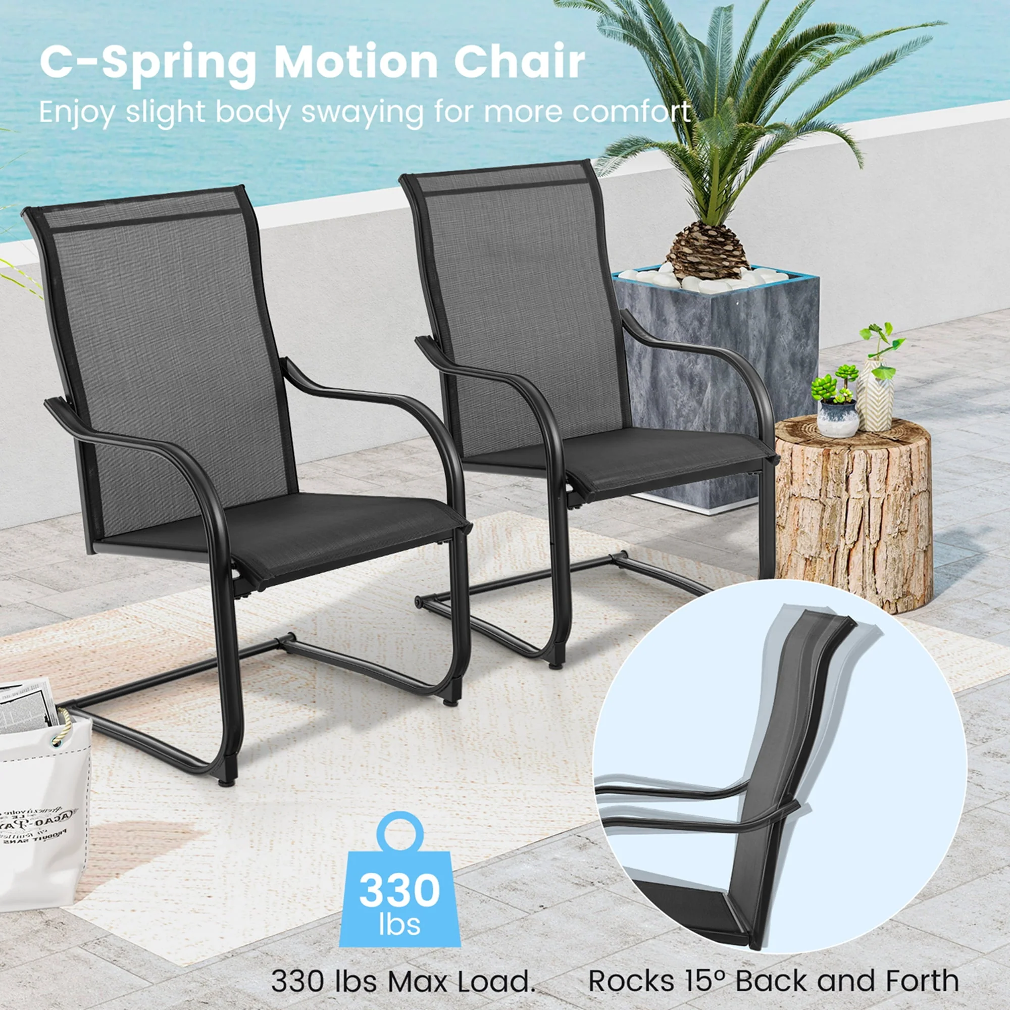 Costway 2pcs C-Spring Motion Patio Dining Chairs All Weather Heavy Duty Outdoor Black - Womvr