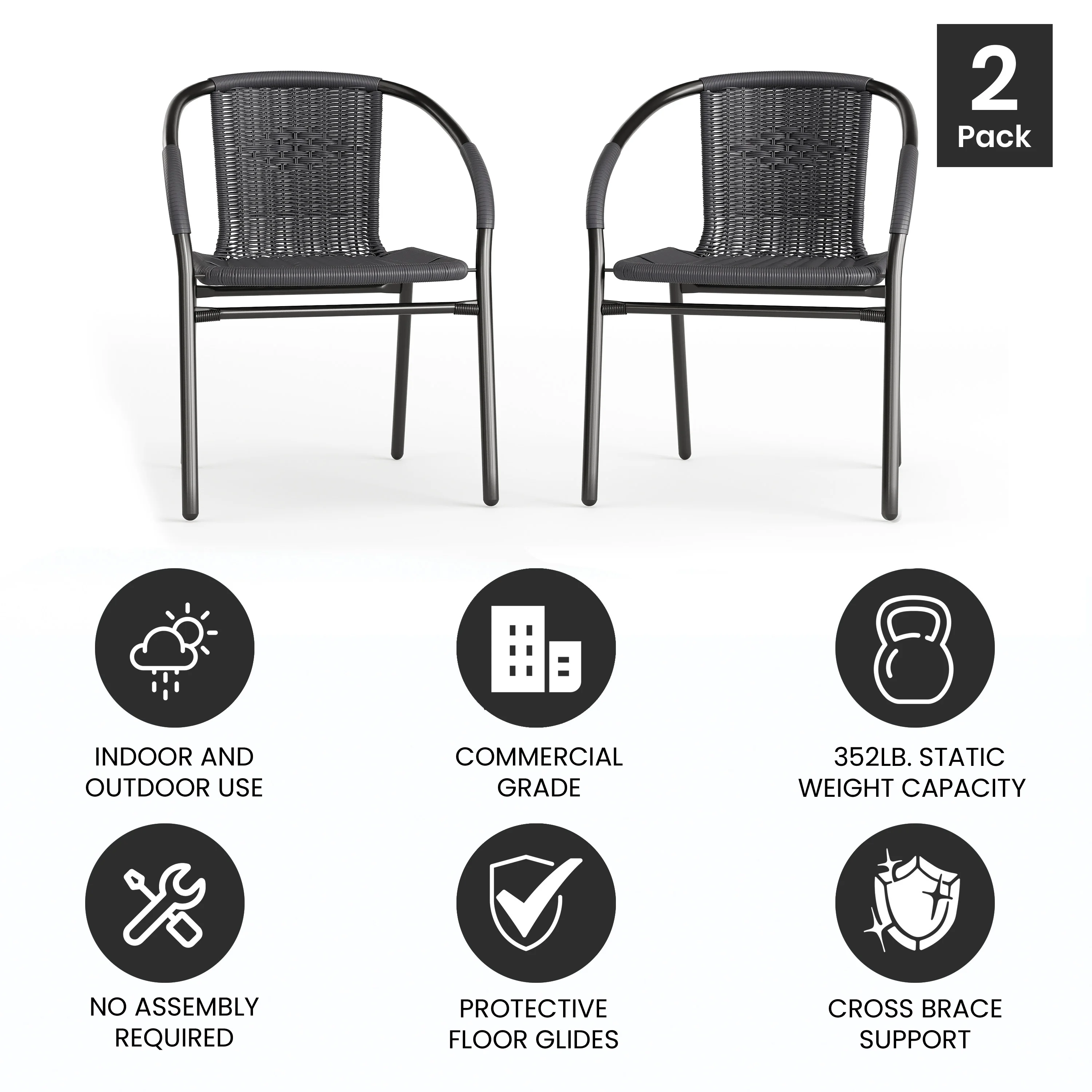 Emma + Oliver 2 Pack Gray Rattan Indoor-Outdoor Restaurant Stack Chair with Curved Back - Womvr