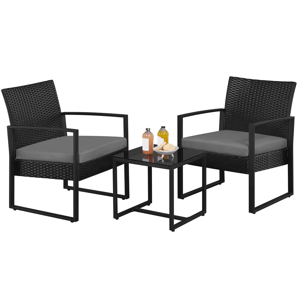 Yaheetech Modern 3-piece Patio Rattan Chairs & Table Set with Cushions, Black/Gray - Womvr