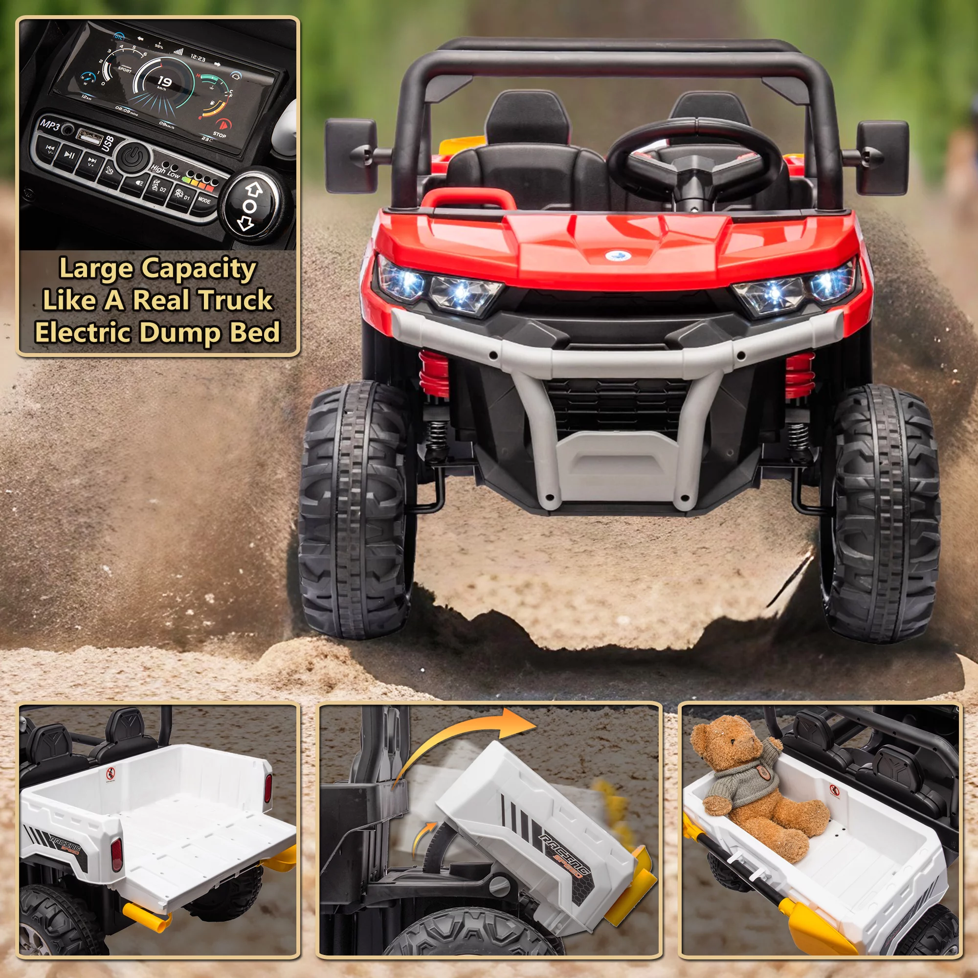 24V 2 Seater Ride on Toys, Ride On UTV with 2x200W Motor Ride On Dump Truck, Ride On Car with Dump Bed/Shovel, Electric Vehicle with Rubber Tires, LED Light, Music, Remote Control, Black - Womvr