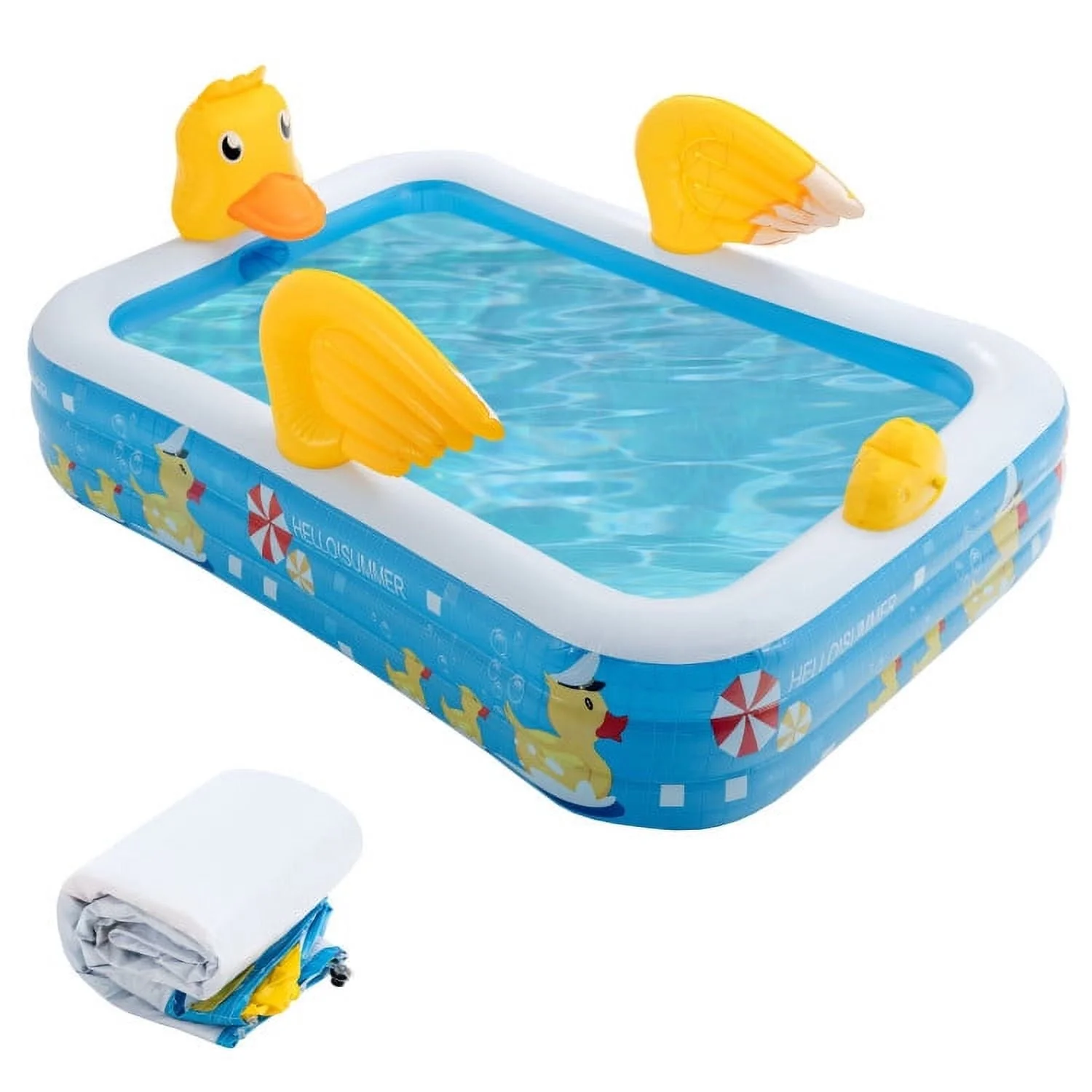 Inflatable Swimming Pool Duck Themed Kiddie Pools with Sprinkler for Age Over 3-Blue - Womvr