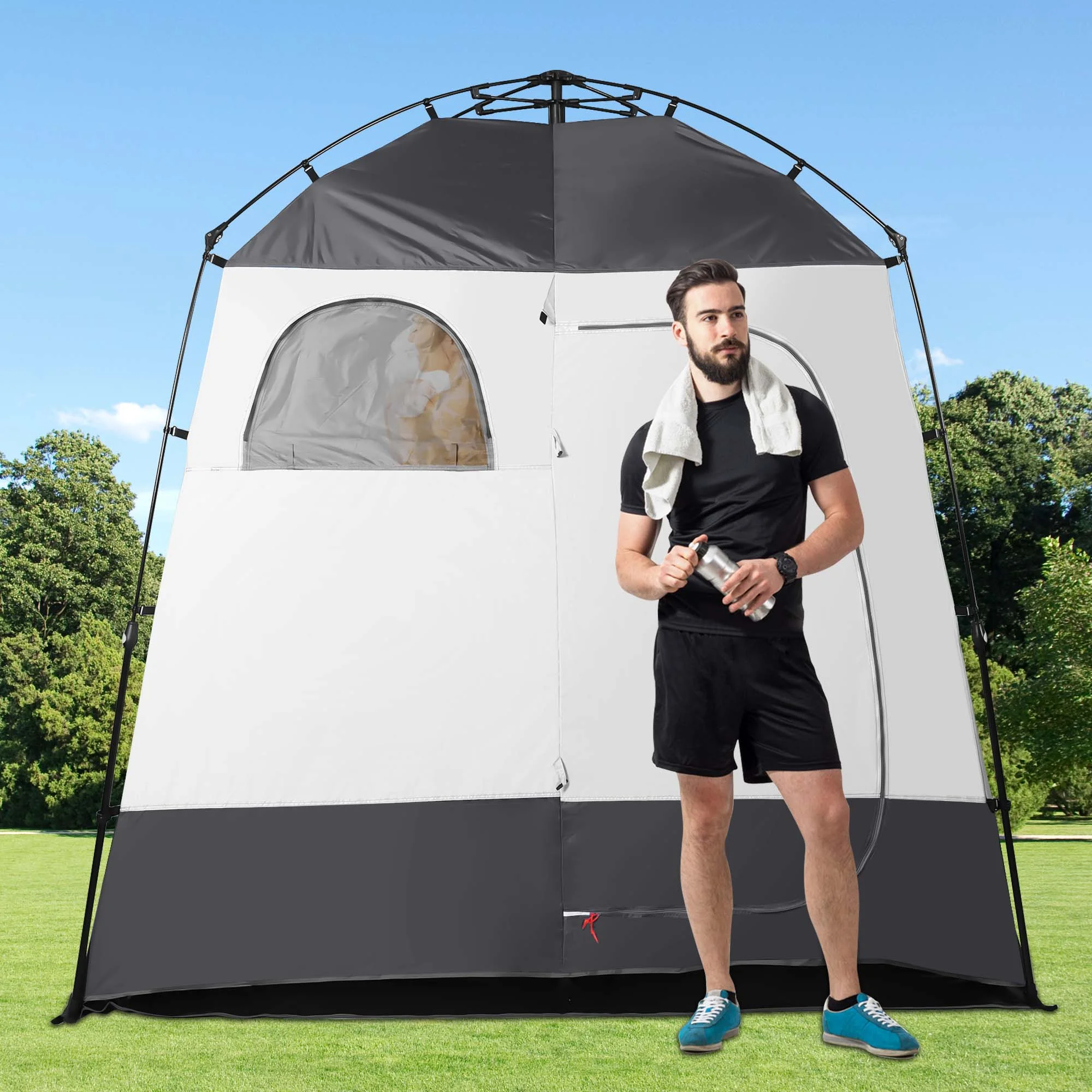 GVDV Camping Shower Tent Oversize Space Privacy Tent Portable Outdoor Shower Tents for Camping with Floor Changing Tent Dressing Room Easy Set Up Shower Privacy Shelter 2 Rooms Toilet Tent - Womvr