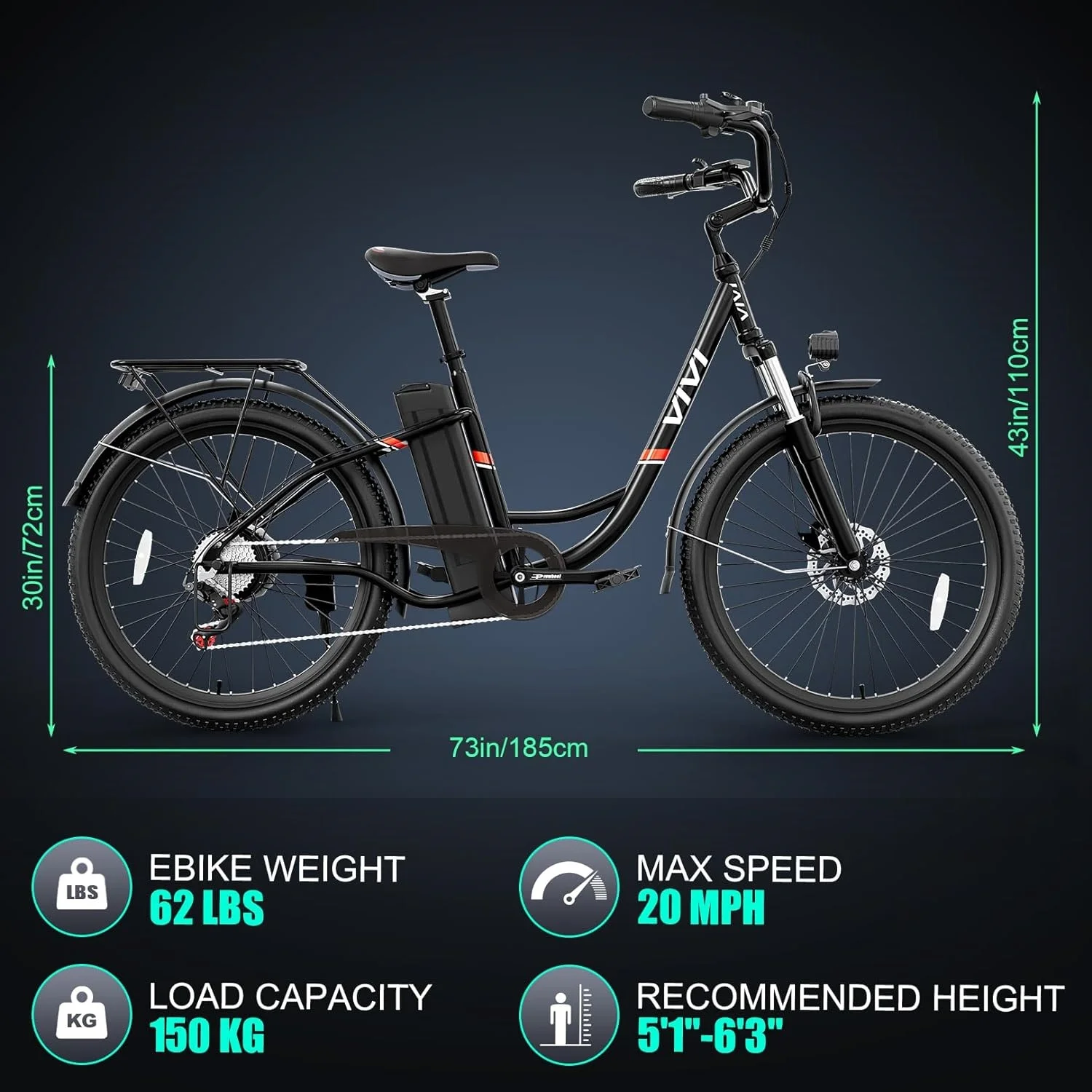 Vivi Electric Bike 26'' Electric Bike for Adults 500W Electric Bike with 48V Removable Battery, Electric Commuter Cruiser Bike 20MPH & 50 Mile City Electric Bike with Cruise Control - Womvr