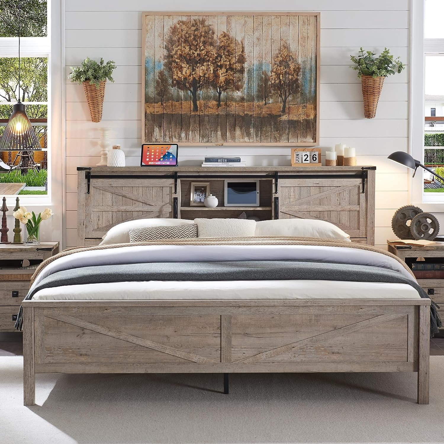 OKD Farmhouse Full Bed Frame, Wood Platform Bed with Bookcase Storage Headboard and Charging Station, No Box Spring Needed, Light Rustic Oak - Womvr