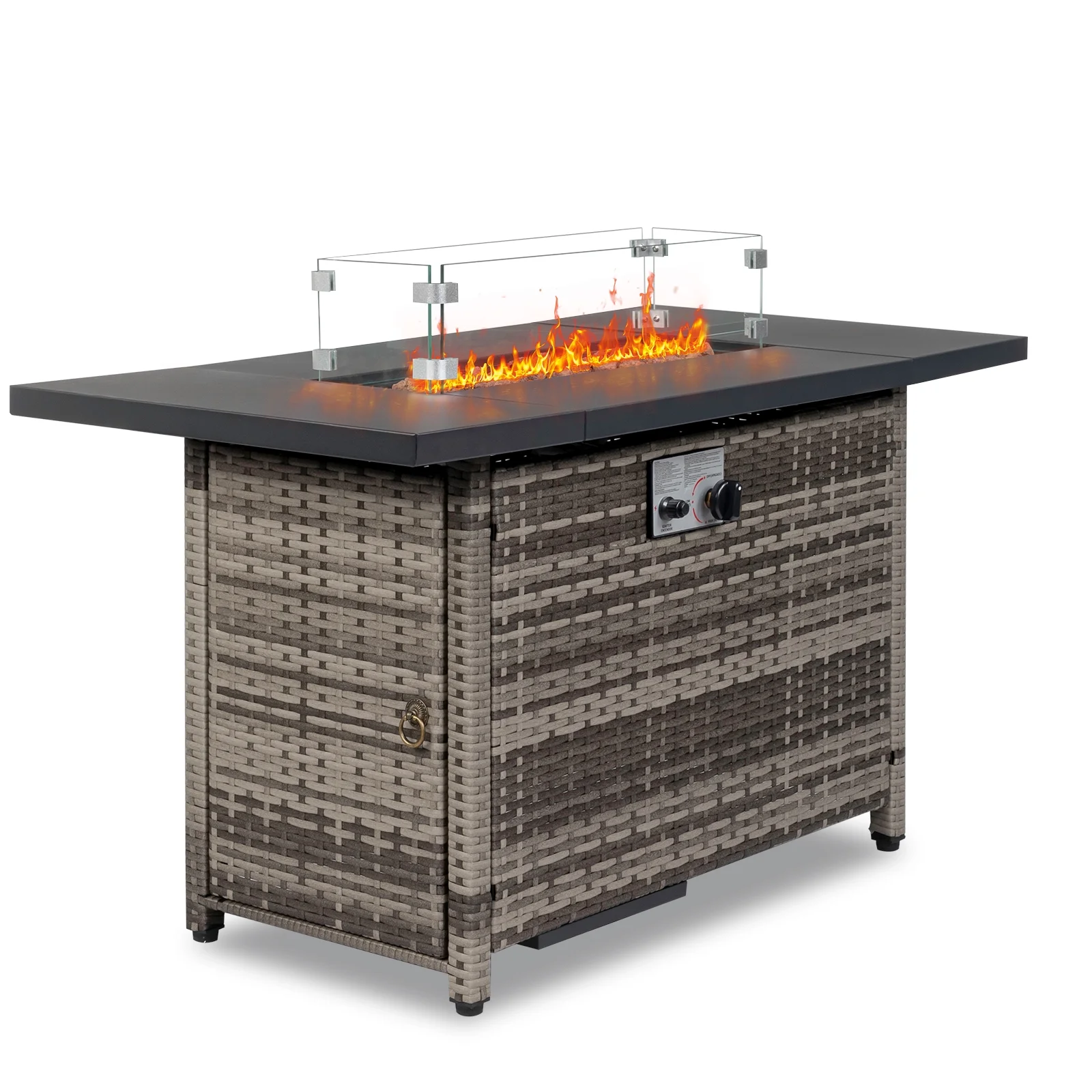 43.3 inch Gas Fire Pit Table, SYNGAR 2-in-1 50,000 BTU Propane Gas Fire Pit Table, Outdoor Propane Fire Pit with Glass Wind Guard, Blue Rocks and Lid, for Patio, Backyard, Garden, Poolside, D4620 - Womvr