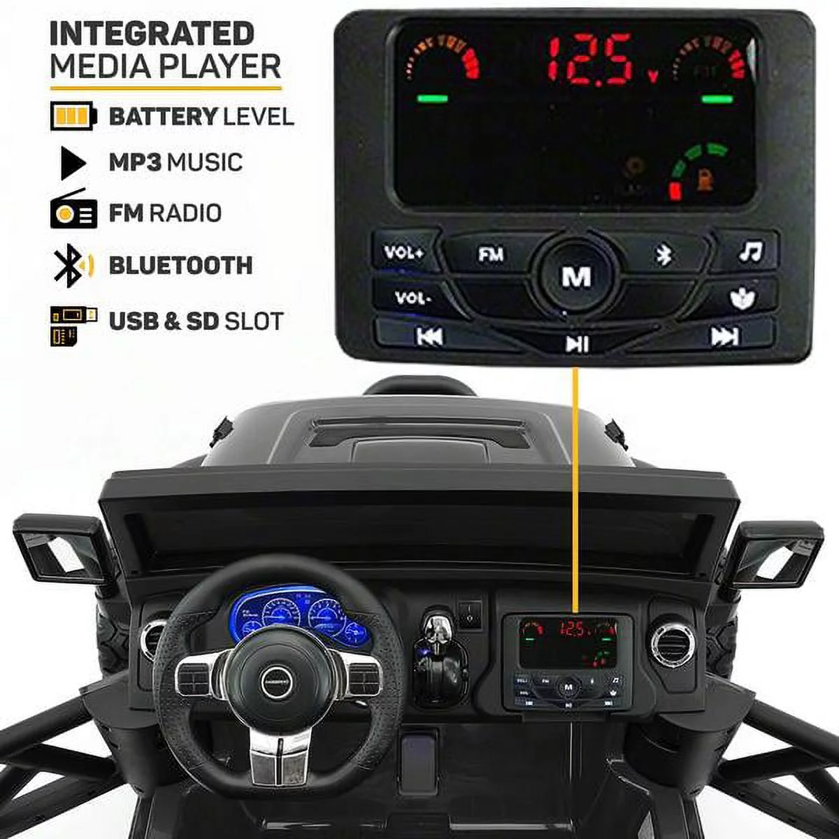 Two (2) Seater 24V Ride On Kids Car Truck with Remote Large Battery Licensed Kid Car to Drive 3 Speeds, Leather Seat, MP3 Music by Bluetooth, FM Radio, Rubber Tires - Womvr