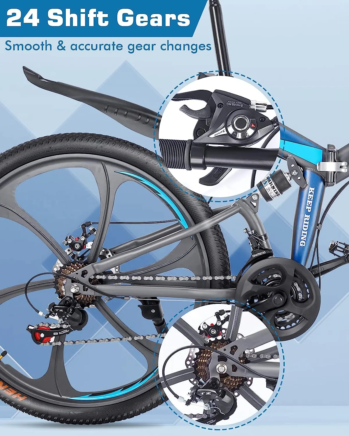 Zacro 26 Inch Folding Mountain Bike, 24 Speed Dual Disc Brake Alloy Wheels MTB Bicycle for Men Women Adults Youth, Blue - Womvr