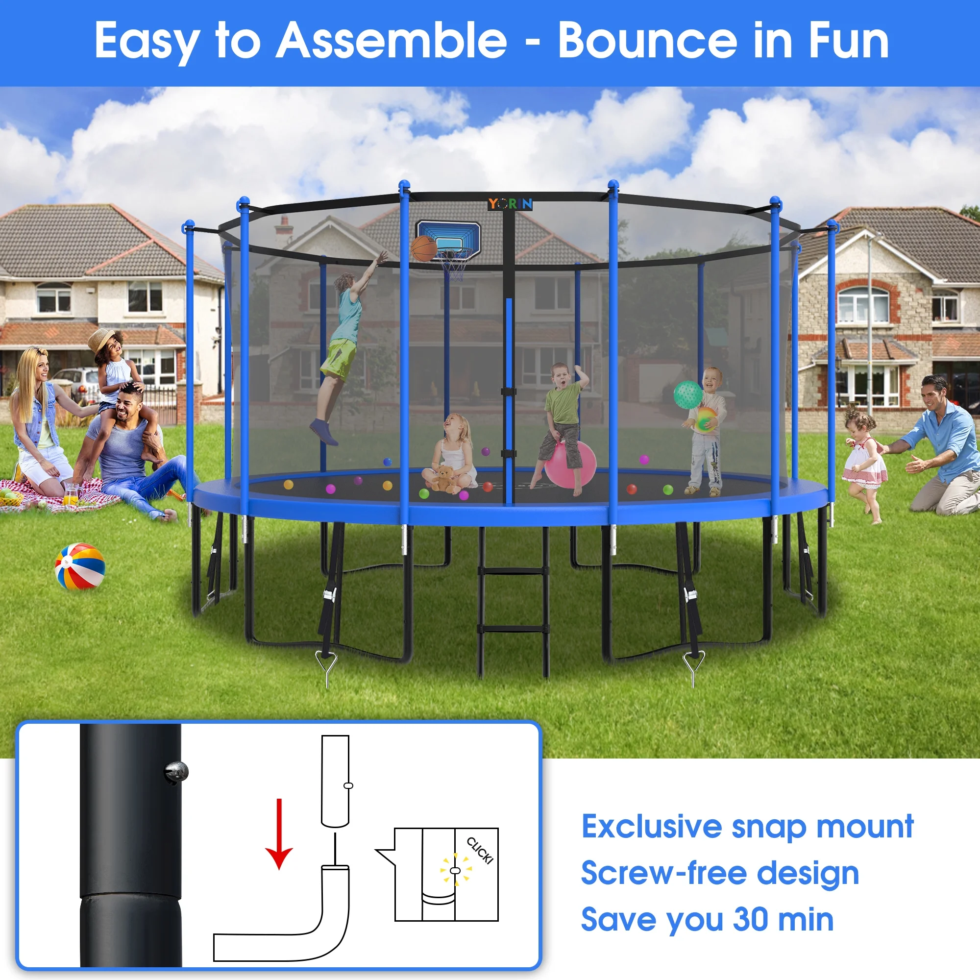 YORIN 1200LBS 12FT 14FT 15FT Trampoline for Kids Adults, Trampoline with Safety Enclosure Net, Basketball Hoop and Ladder, Outdoor Heavy-Duty Trampoline - Womvr