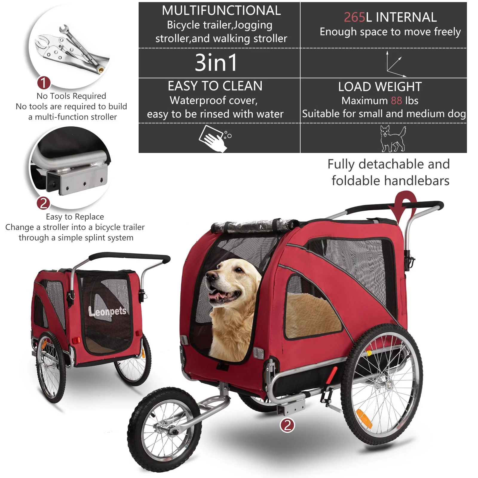 MOJAY 3-in-1 Dog Bicycle Trailer, Dog Stroller, and Dog Jogging Stroller, Red - Womvr