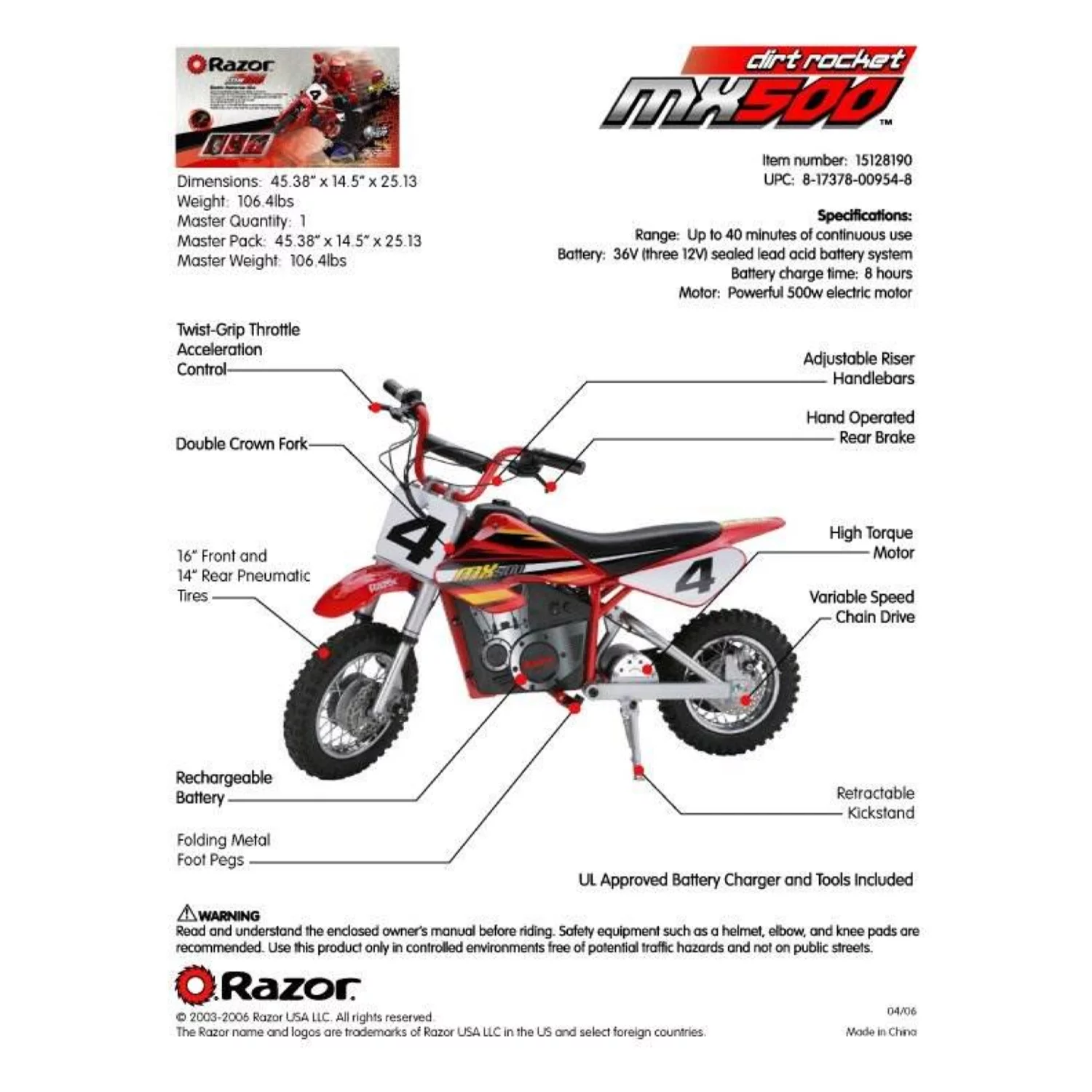 Razor MX500 Kids Dirt Rocket Supercross 15 MPH Electric Bike Motorcycle, Red - Womvr