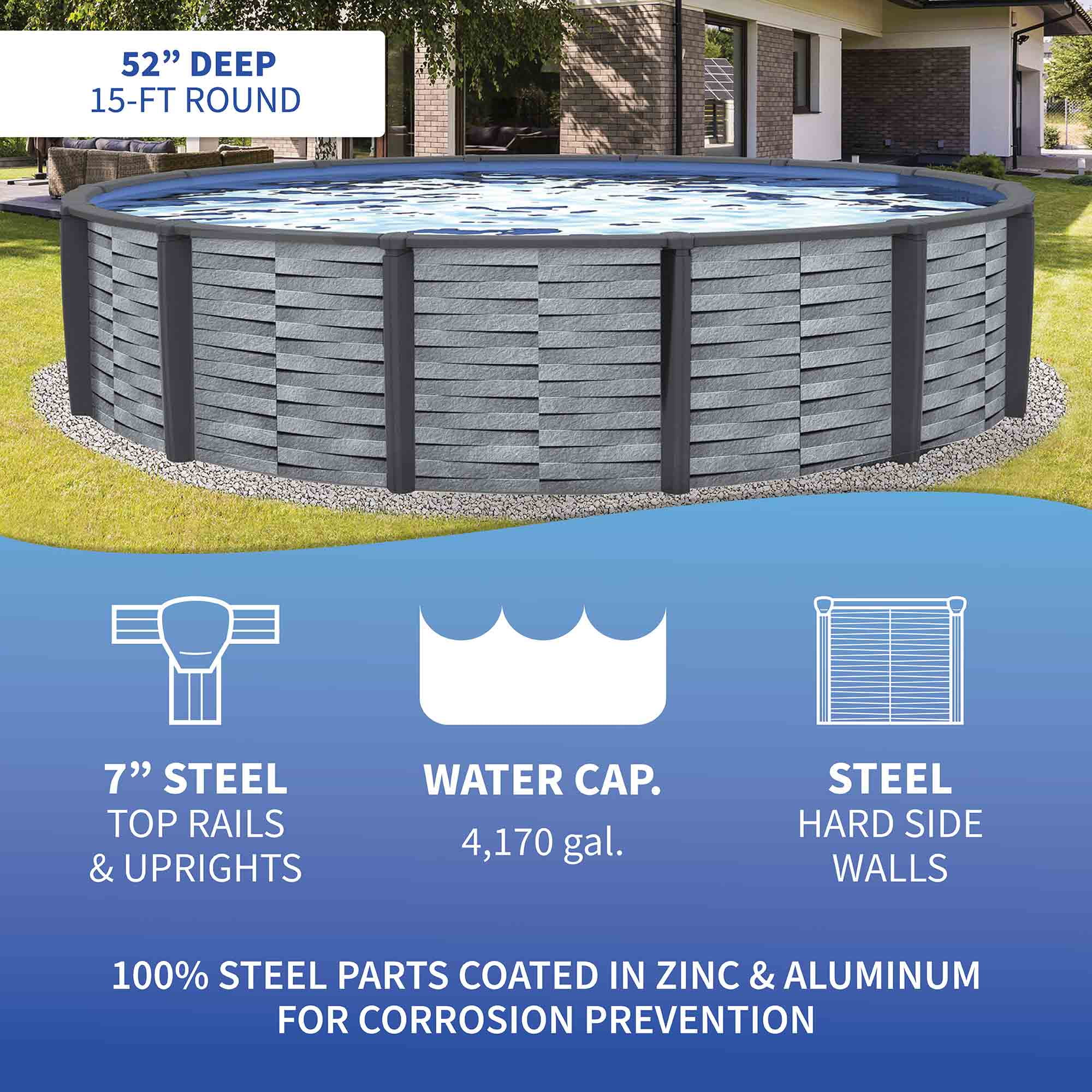 Blue Wave Affinity 15-ft Round 52-in Deep 7-in Top Rail Resin Above Ground Swimming Pool Package - Womvr