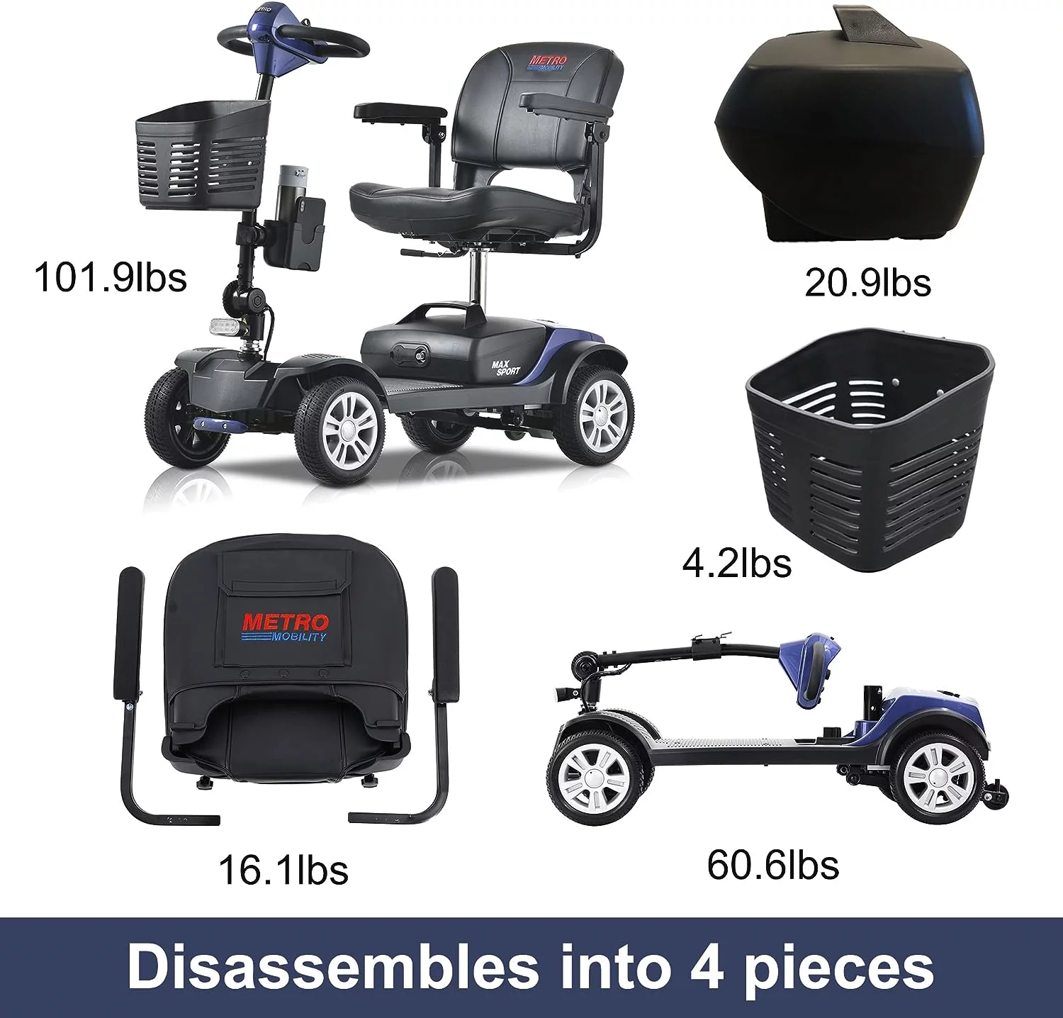4 Wheel Mobility Scooters for Adults, Collapsible Electric Powered Wheelchair with Led Lights, 2 Cup Holders, USB Charging Port, Walking Stick Box, Up to 16 Miles, 300 lbs Capacity,Purple - Womvr