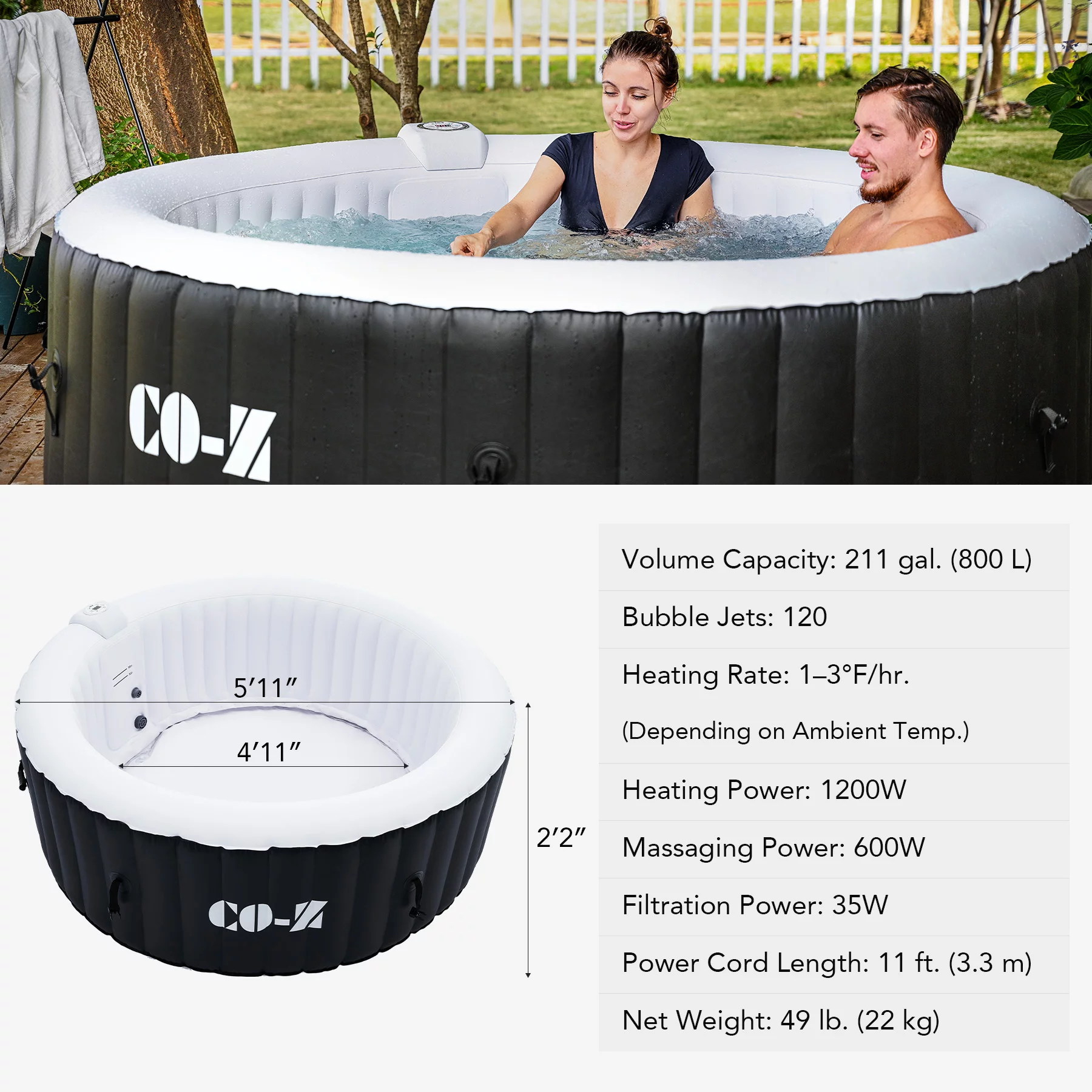 CO-Z 4-6 Person 7' Blow-Up Hot Tub with 130 Air Jets Cover Electric Pump Portable Pool, Gray - Womvr