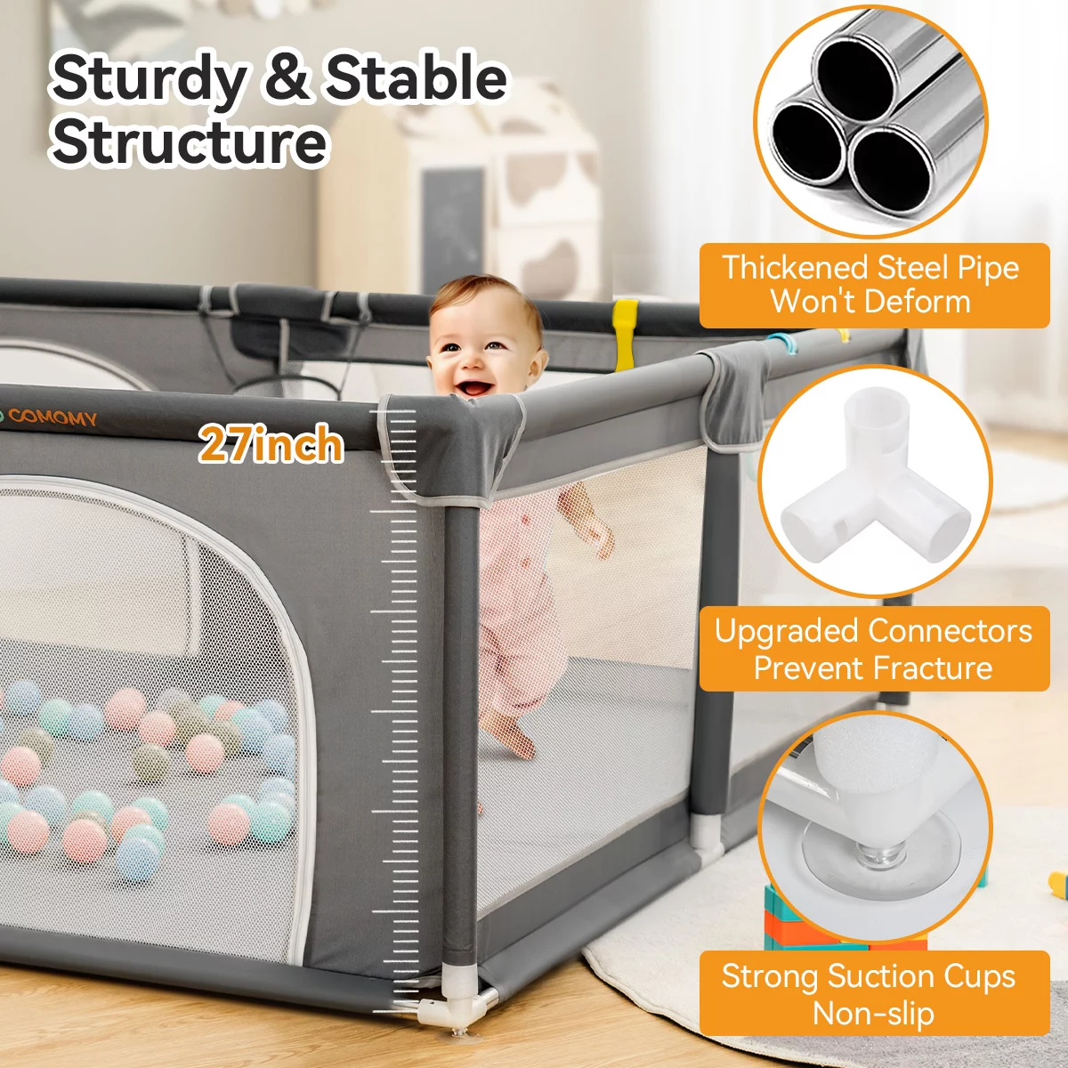 Baby Playpen, 36x36x27inch Portable Soft Mesh Sturdy Pipe Ample Space for Toddler, Gray - Womvr