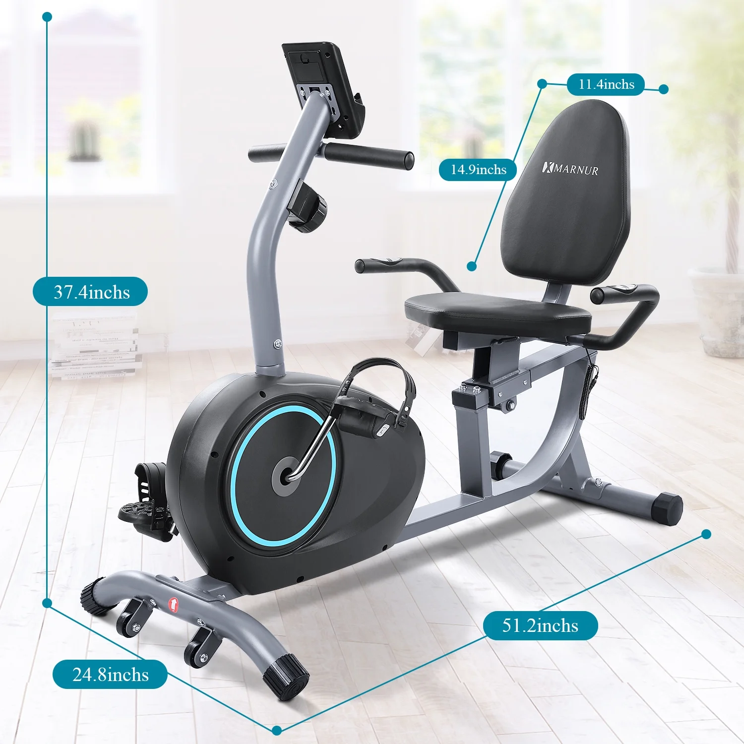 MARNUR Recumbent Exercise Bike with 8 Levels Adjustable Resistance, LCD Monitor, Pad Holder, Wheels - Womvr