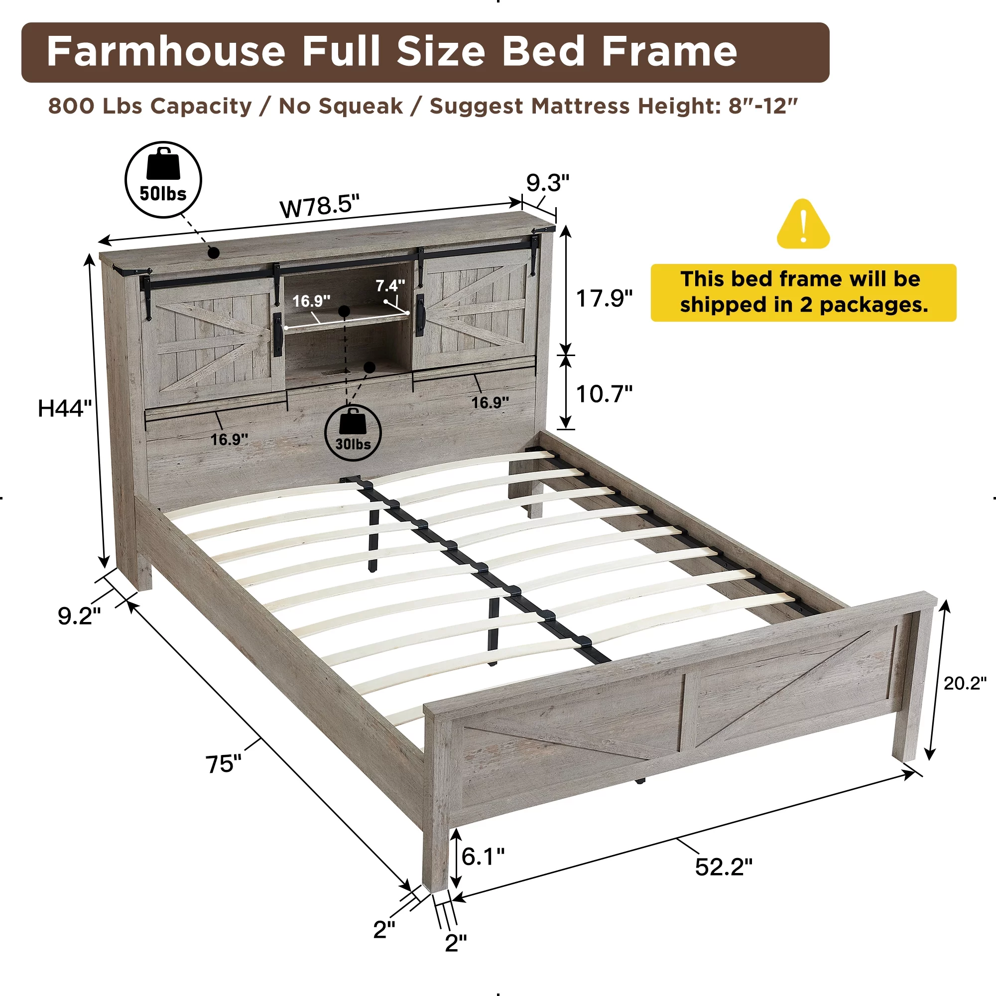 OKD Farmhouse Full Bed Frame, Wood Platform Bed with Bookcase Storage Headboard and Charging Station, No Box Spring Needed, Light Rustic Oak - Womvr