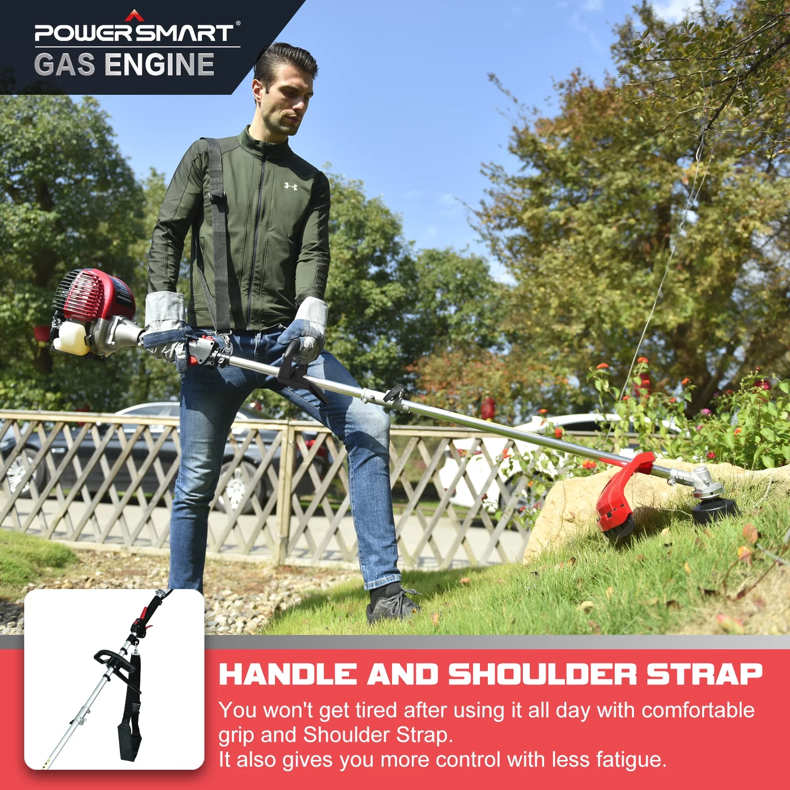 PowerSmart 2-Cycle 25.4cc 18lb Straight Shaft Gas String Trimmer Weed Wacker and Brush Cutter for Lawns and Grass - Womvr