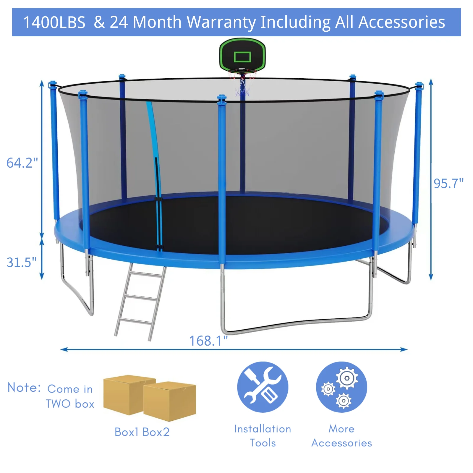 16FT Trampoline for 8-9 Kids Adults with Basketball Hoop, Ladder, Light, Sprinkler, Socks, Outdoor Heavy Duty Recreational Trampoline - Womvr