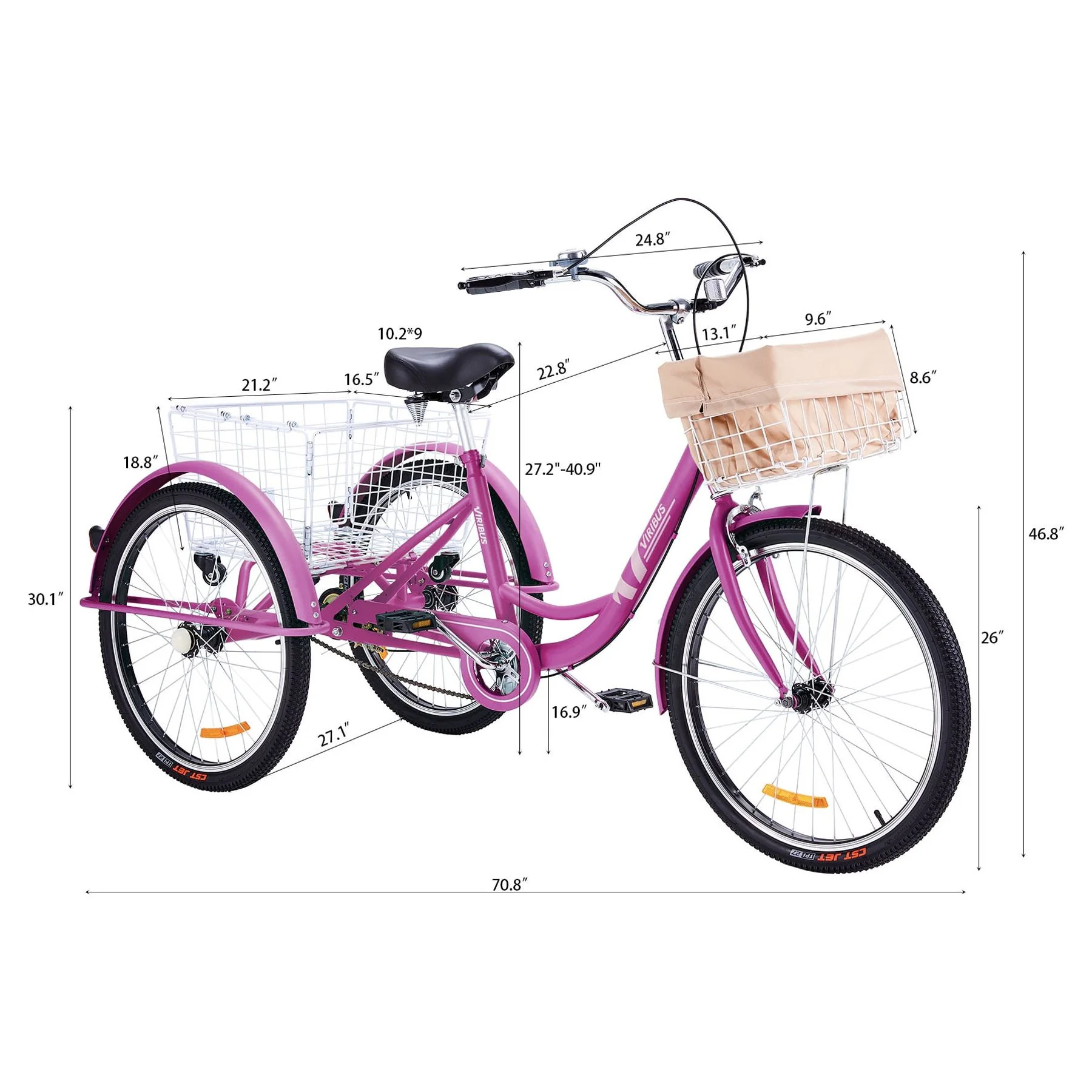 Viribus 26 Inch Single Speed Adult Tricycle 3 Wheel Bike with Removable Basket, Hybrid Beach Trike, Pink - Womvr