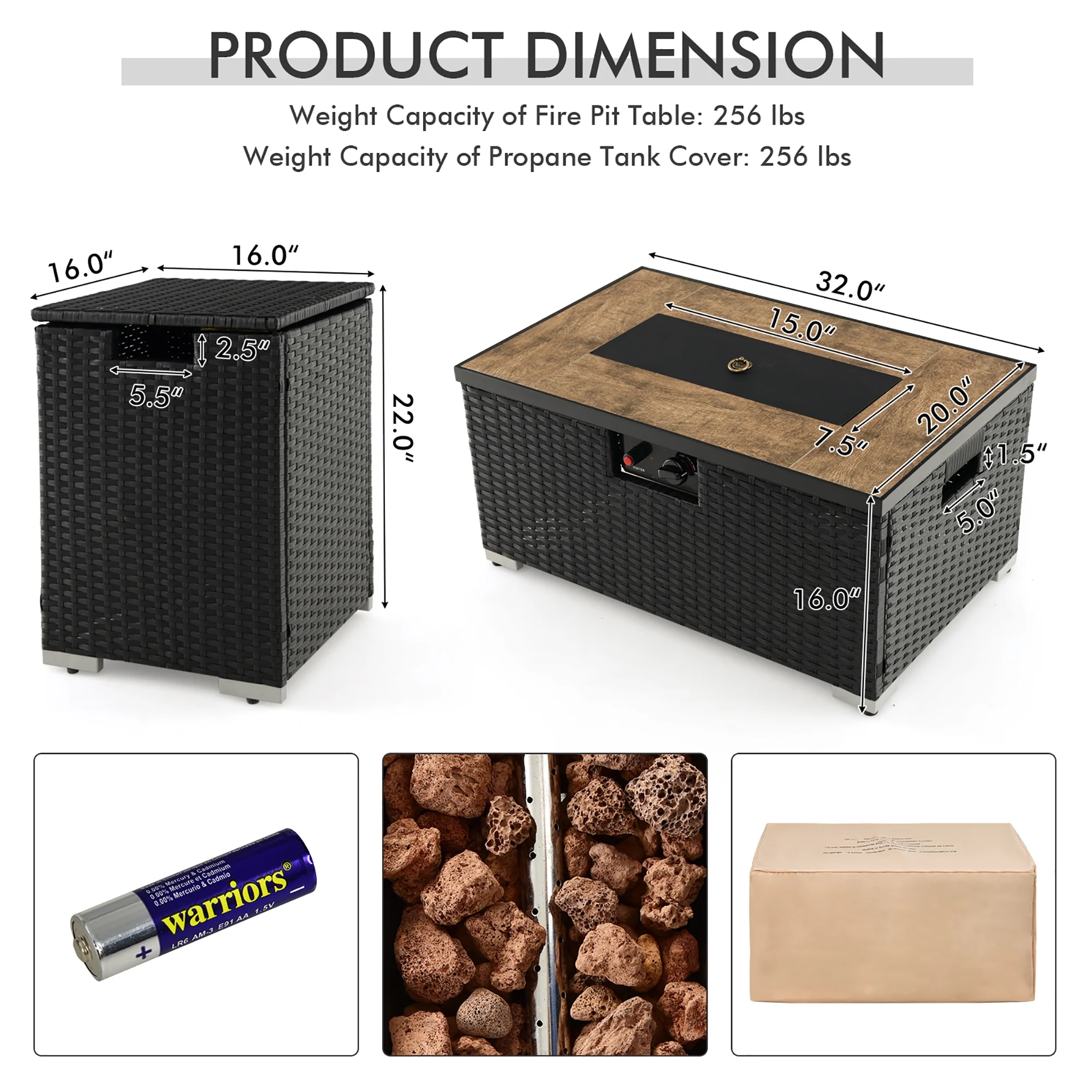 Gymax 32''x 20'' Propane Rattan Fire Pit Table Set w/ Side Table Tank & Cover 40,000 BTU - Womvr