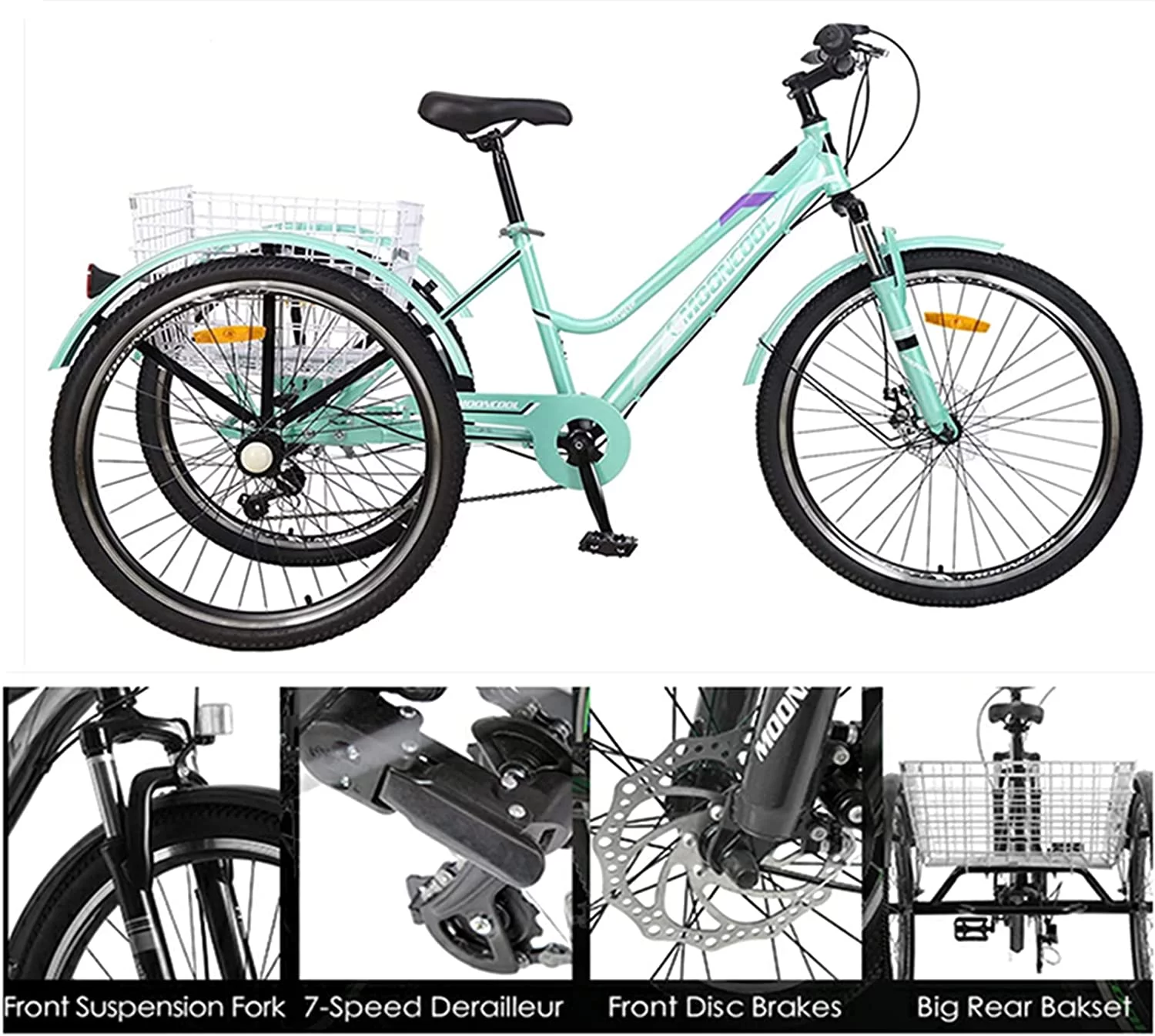 Docred Adult Tricycle, 7 Speed Three Wheel Mountain Bike, 24/26/27.5 inch Adults Trikes ,Load capacity 420 lbs - Womvr