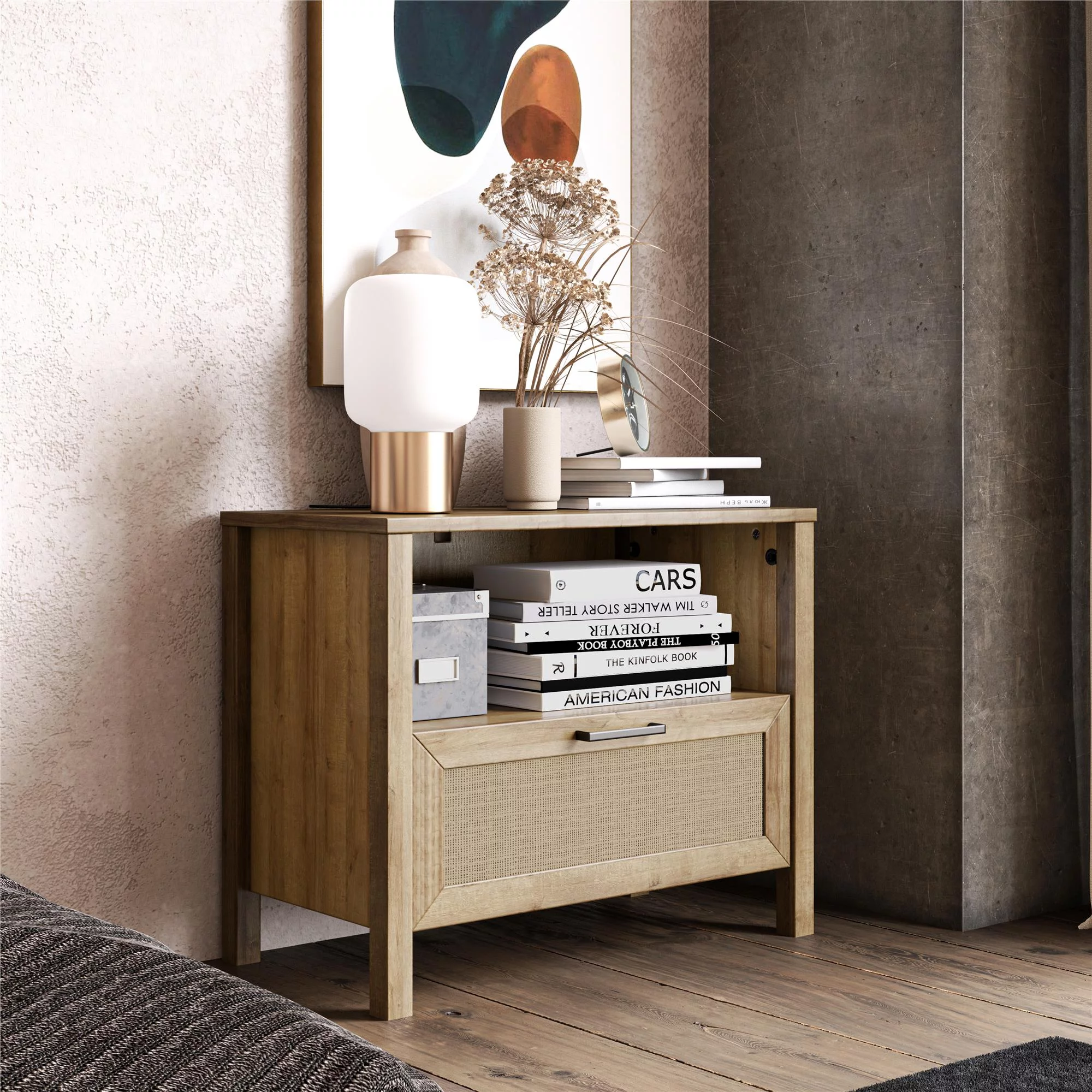 Novogratz Shay 1-Drawer Nightstand, Natural with Faux Rattan - Womvr
