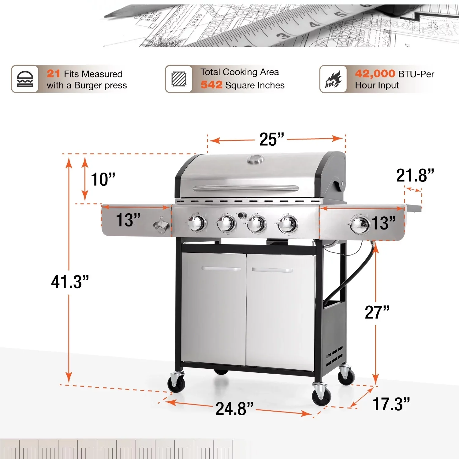Summit Living 4 Burner Propane Gas Grill with Side Burner Stainless Steel - Womvr