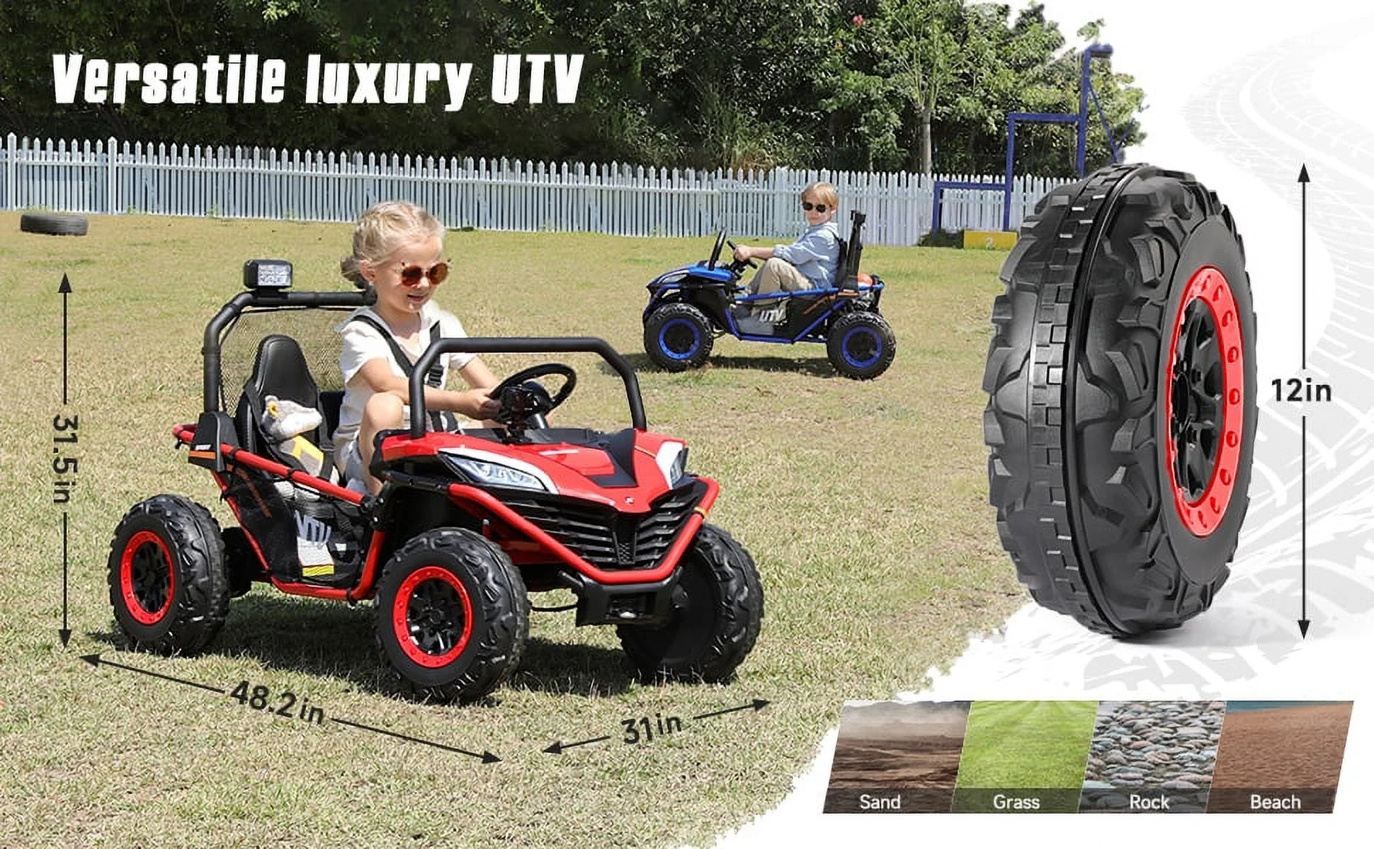 12 V Ride on Car,2 Seater Powered on Truck,4WD Electric Off-Road,Remote Control,Spring Suspension Ride on UTV for 3-8 Kids,Blue - Womvr