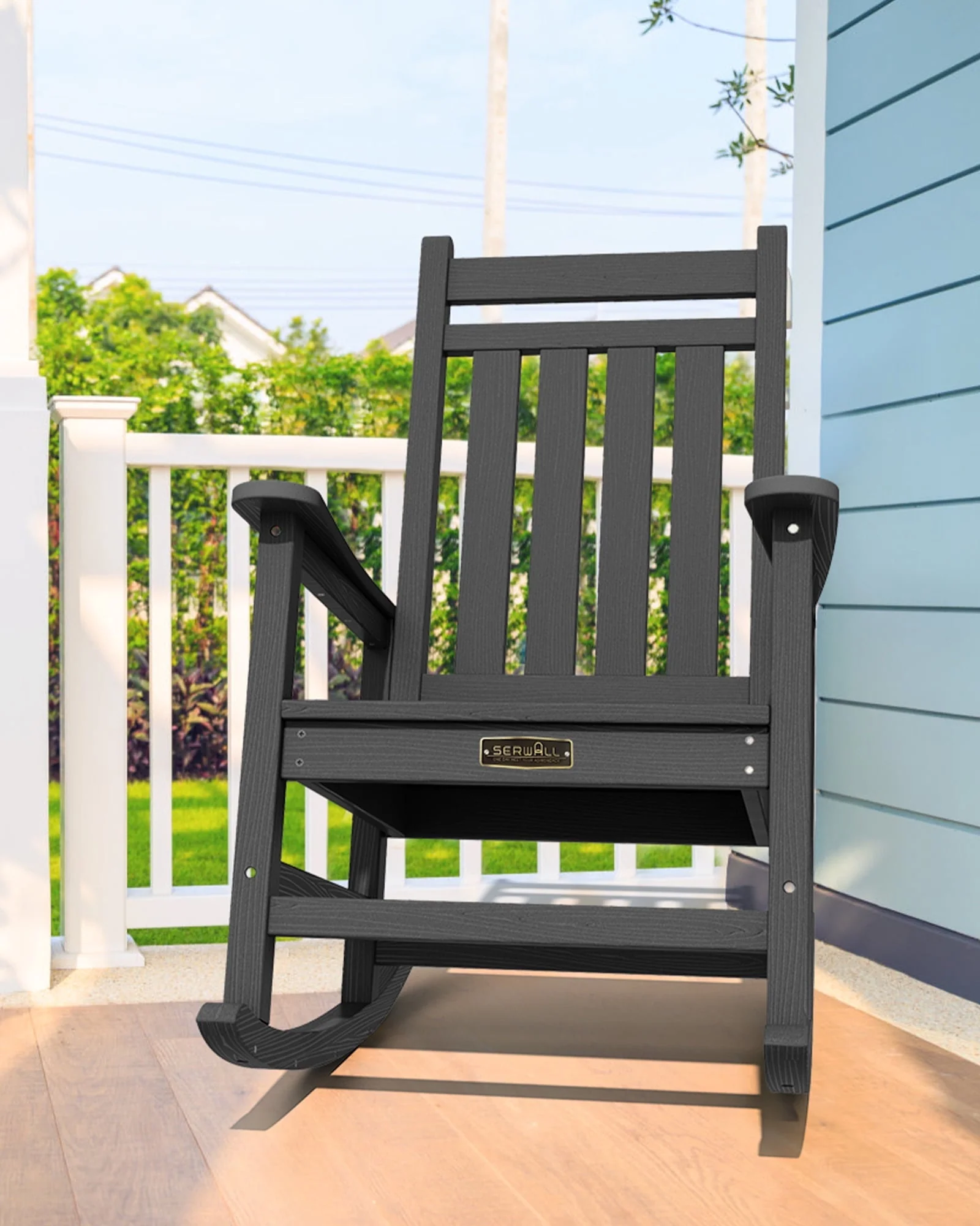 SERWALL Outdoor Oversized Slat Rocking Chair, HDPE Plastic Porch Rocker, Gray - Womvr