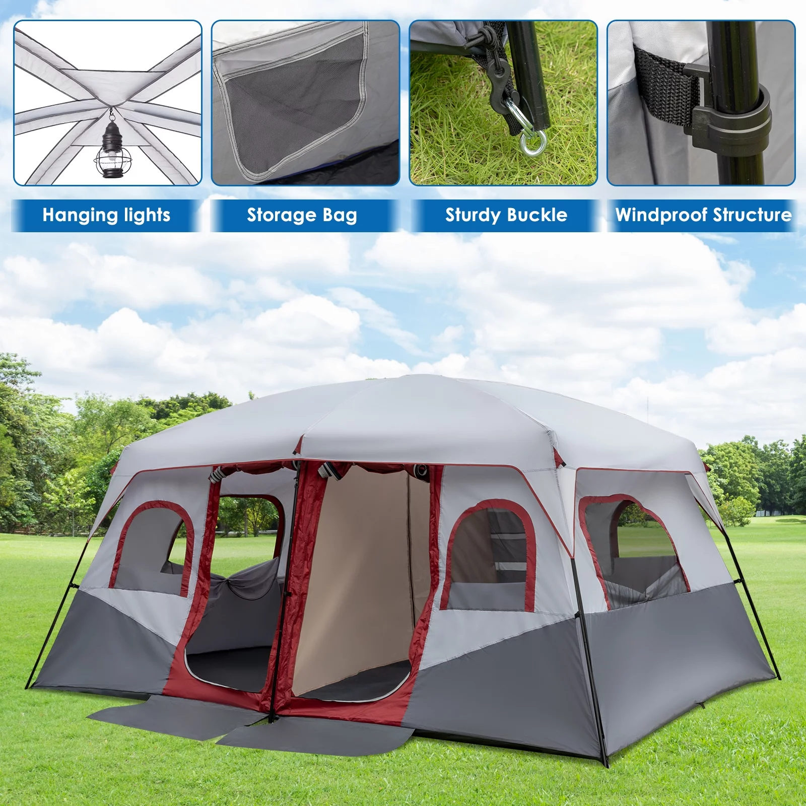 SamyoHome Family Cabin Tent 14 Person  4 Large Ventilation Mesh Windows, Measures 14' x 10' with Dividers Curtain for 2 Room - Womvr