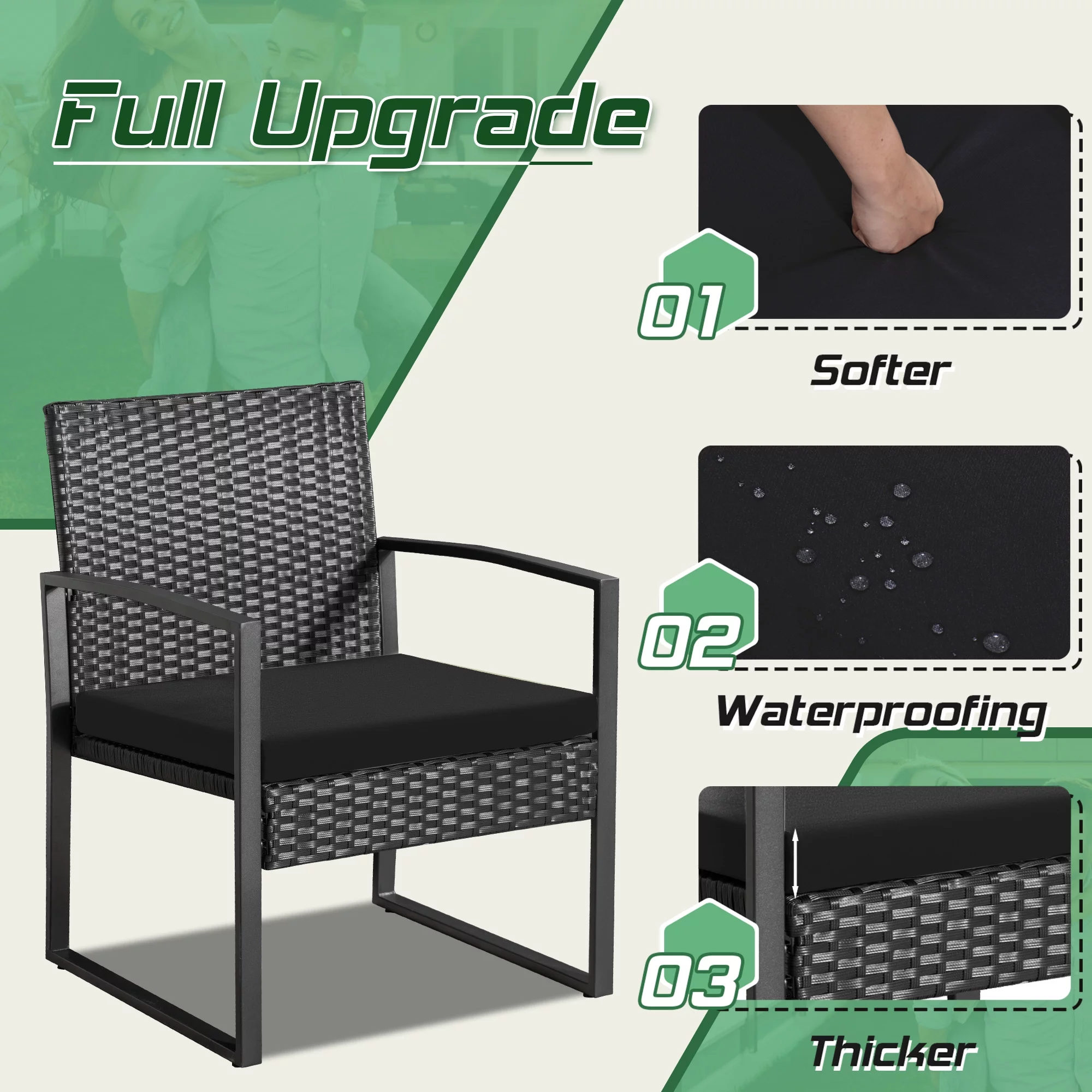 Homall Patio Furniture 3-Piece Set Casual Wicker Chair Bistro Chair with Coffee Table, Black - Womvr