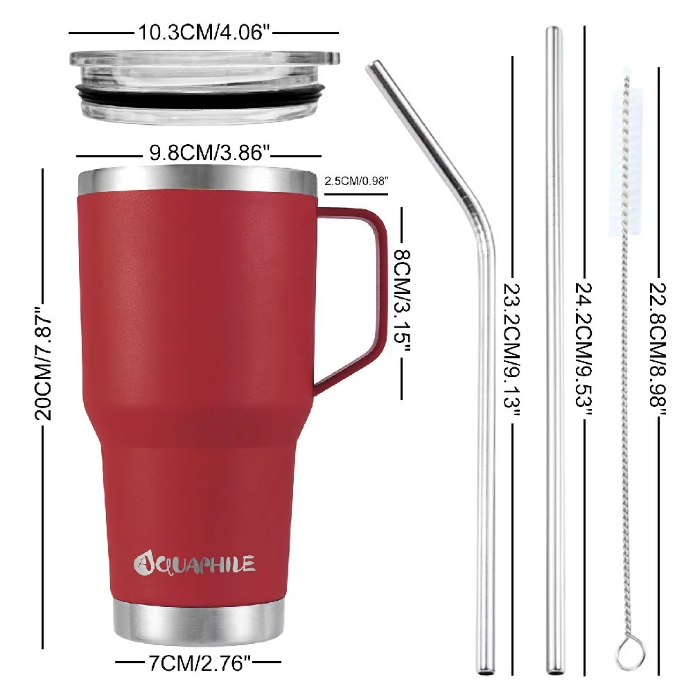 AQUAPHILE 30oz Stainless Steel Insulated Coffee Mug with Handle, Double Walled Vacuum Travel Cup with Lid & Straw, Reusable Thermal Coffee Cup, Portable Coffee Tumbler,Light Blue - Womvr