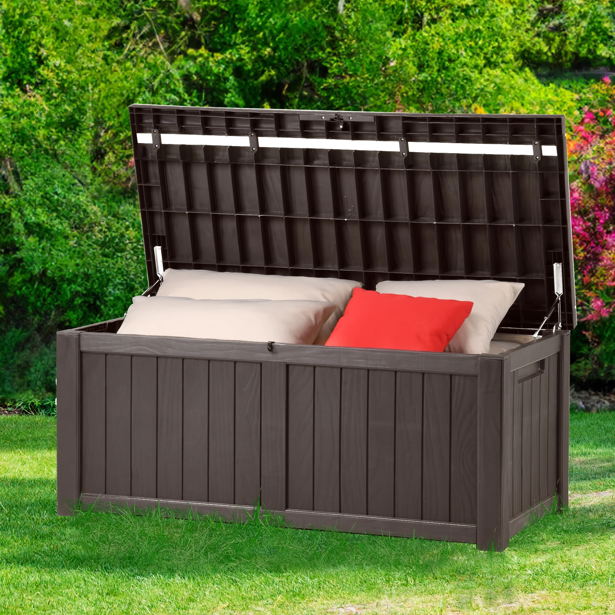 Dextrus Outdoor Storage Deck Box for Outdoor Pillows and Pool Supplies - Large Resin Patio Storage 120 Gallon Capacity, Lockable Lid, Waterproof (Brown) - Womvr