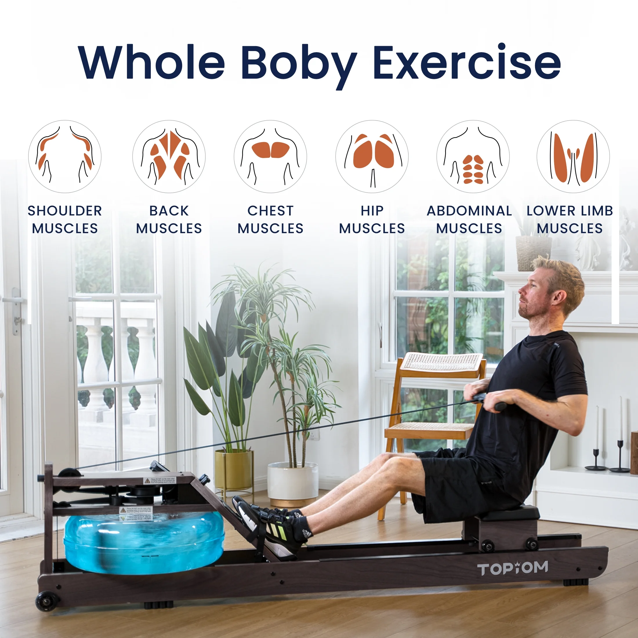 Topiom Water Rowing Machine with TM-3 Performance Monitor Bluetooth Connected 400 lbs Max Load - Womvr